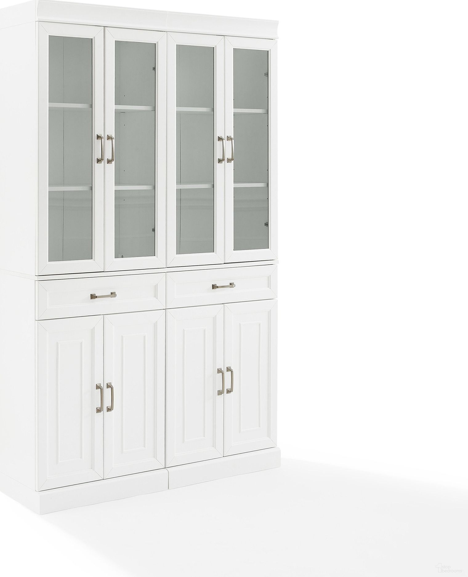 The appearance of Stanton 2 Piece Glass Door Kitchen Storage Pantry Cabinet Set In White designed by Crosley Brands in the traditional interior design. This white piece of furniture  was selected by 1StopBedrooms from Stanton Collection to add a touch of cosiness and style into your home. Sku: CF3123-WH;CF3123-WH;CF3121-WH;CF3121-WH. Material: Particle Board.