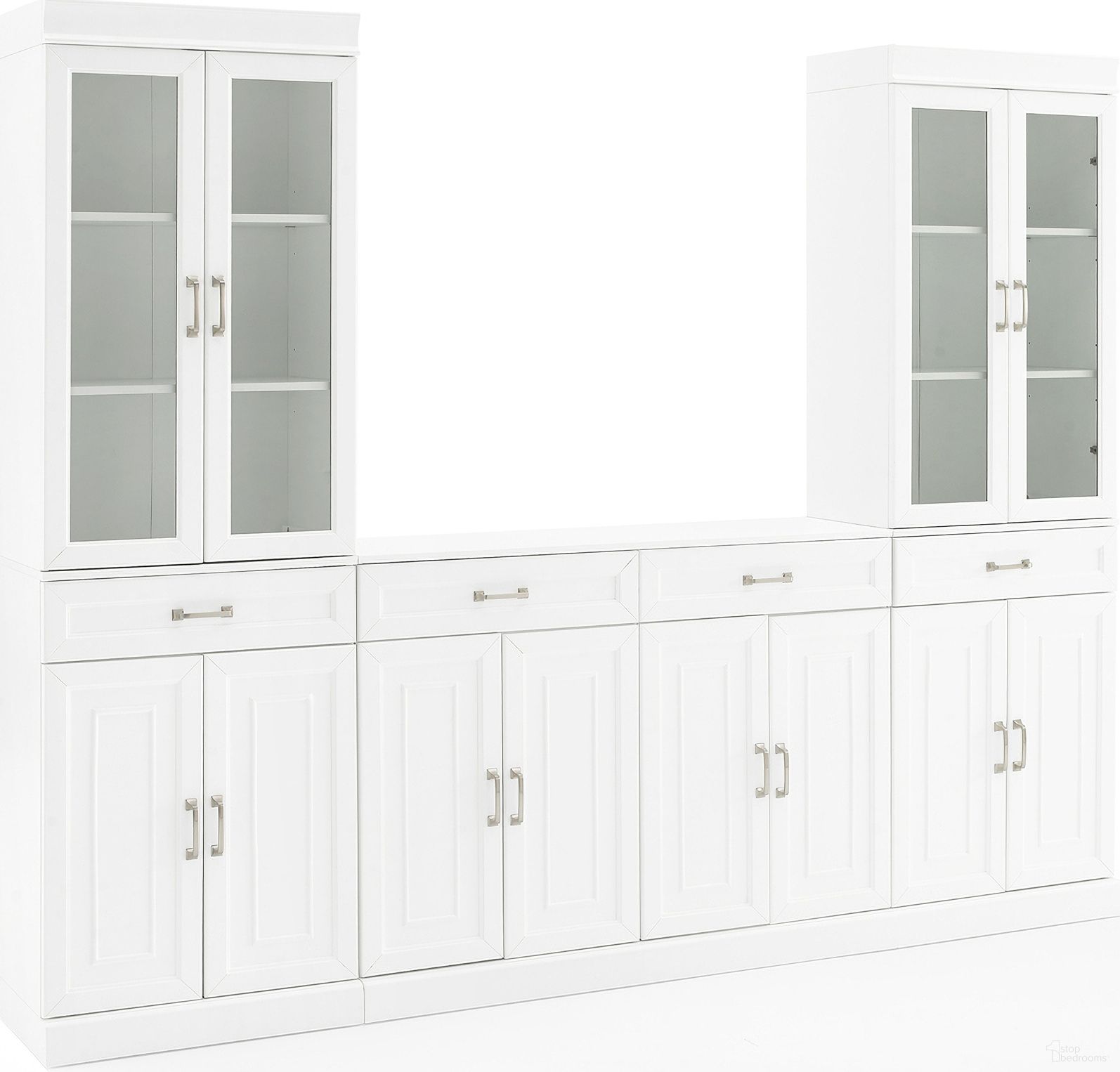 The appearance of Stanton 3-Piece Sideboard and Glass Door Pantry Set In White designed by Crosley Brands in the traditional interior design. This white piece of furniture  was selected by 1StopBedrooms from Stanton Collection to add a touch of cosiness and style into your home. Sku: CF4213-WH;CF3123-WH;CF3123-WH;CF3121-WH;CF3121-WH. Material: Particle Board.