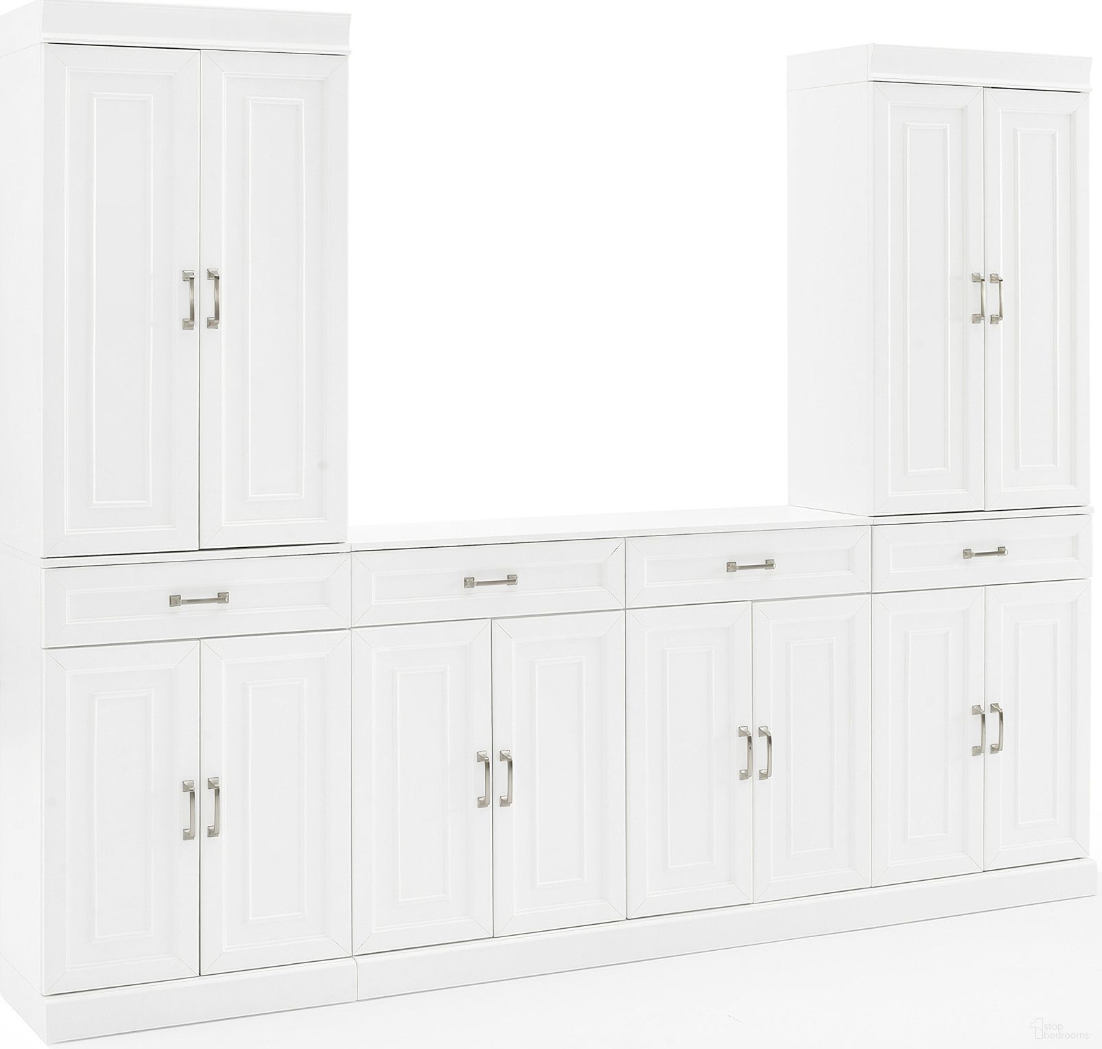 The appearance of Stanton 3-Piece Sideboard and Pantry Set In White designed by Crosley Brands in the traditional interior design. This white piece of furniture was selected by 1StopBedrooms from Stanton Collection to add a touch of cosiness and style into your home. Sku: CF4213-WH;CF3120-WH;CF3120-WH;CF3121-WH;CF3121-WH. Material: Particle Board.