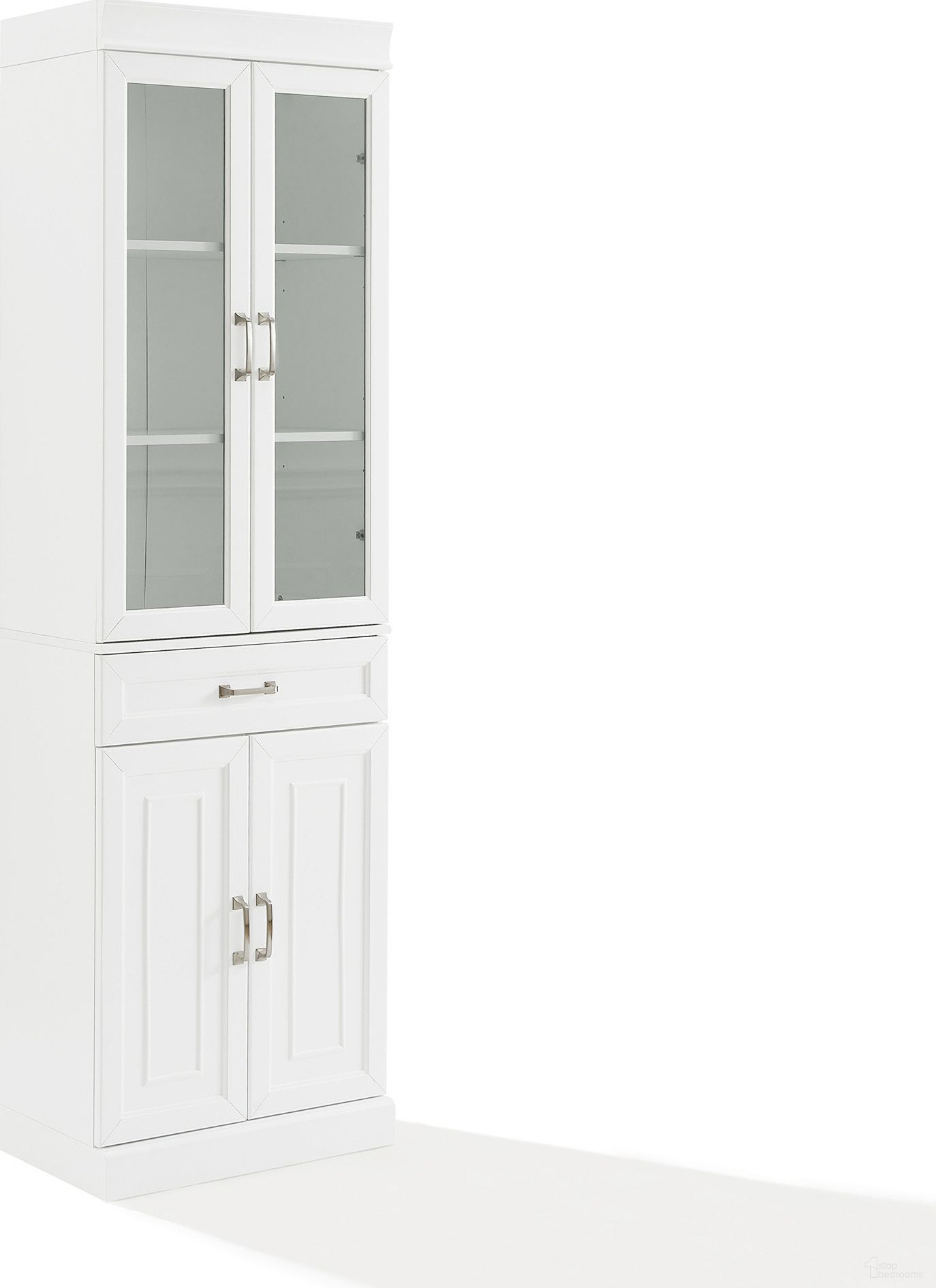 The appearance of Stanton Glass Door Kitchen Storage Pantry Cabinet In White designed by Crosley Brands in the traditional interior design. This white piece of furniture  was selected by 1StopBedrooms from Stanton Collection to add a touch of cosiness and style into your home. Sku: CF3123-WH;CF3121-WH. Material: Particle Board.