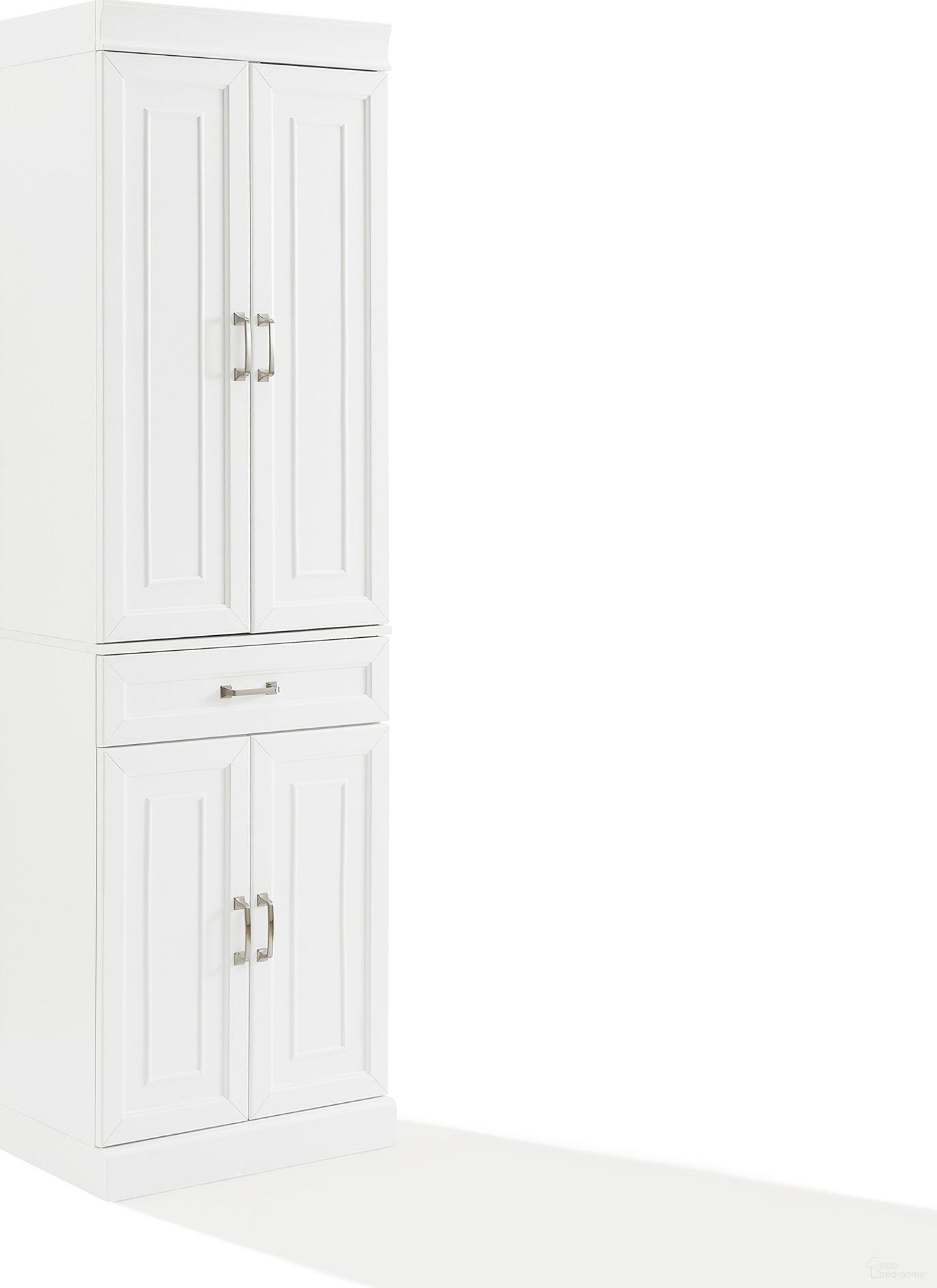 The appearance of Stanton Kitchen Storage Pantry Cabinet In White designed by Crosley Brands in the traditional interior design. This white piece of furniture was selected by 1StopBedrooms from Stanton Collection to add a touch of cosiness and style into your home. Sku: CF3120-WH;CF3121-WH. Material: Particle Board.
