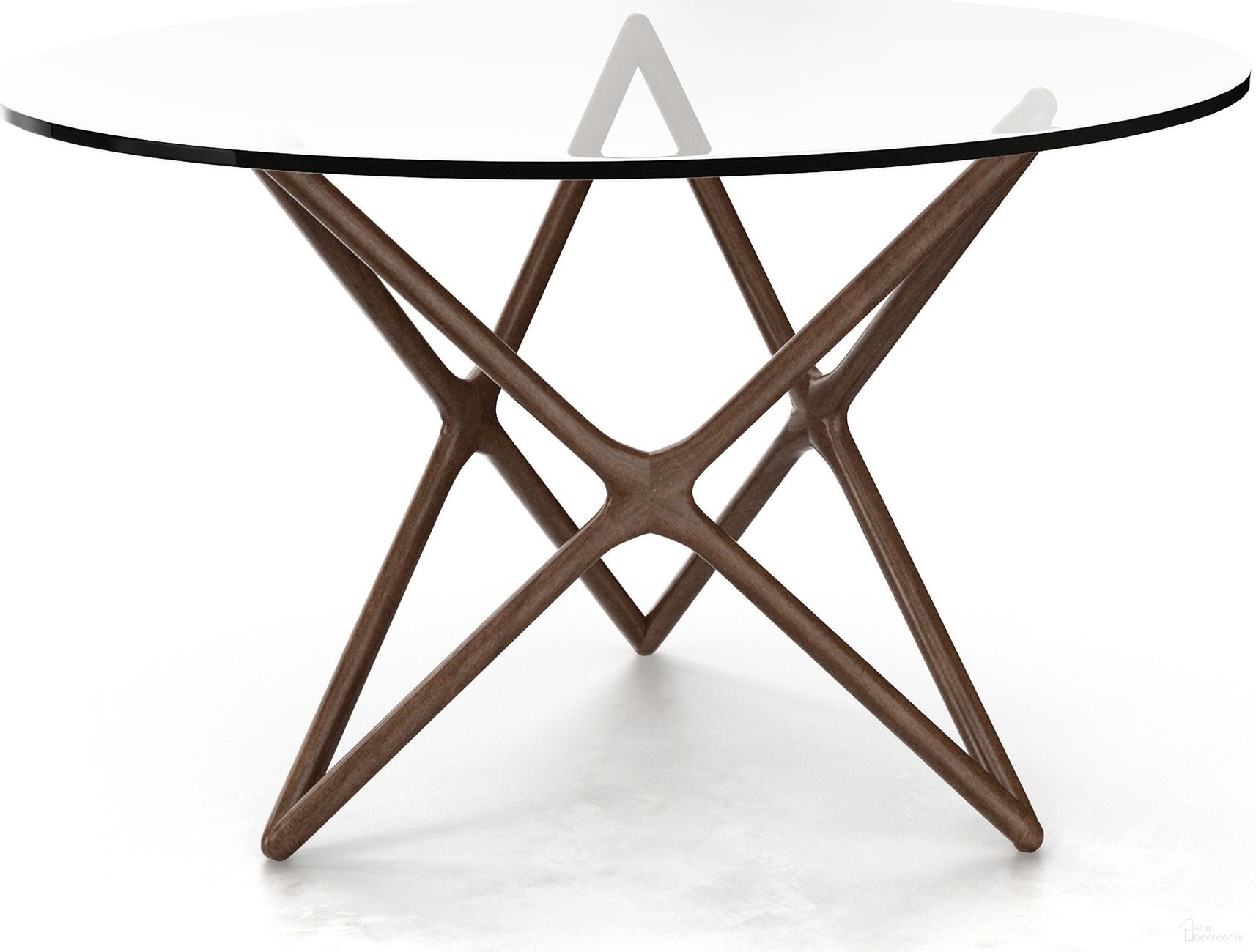 The appearance of Star Triple X Dining Table In Walnut designed by Aeon in the modern / contemporary interior design. This walnut piece of furniture  was selected by 1StopBedrooms from Starlight Collection to add a touch of cosiness and style into your home. Sku: SD15221C-48-GlassTop Box 1;SD15221C-48-Walnut-Base-Box 2. Table Base Style: Pedestal. Table Top Shape: Round. Material: Wood. Size: 48".