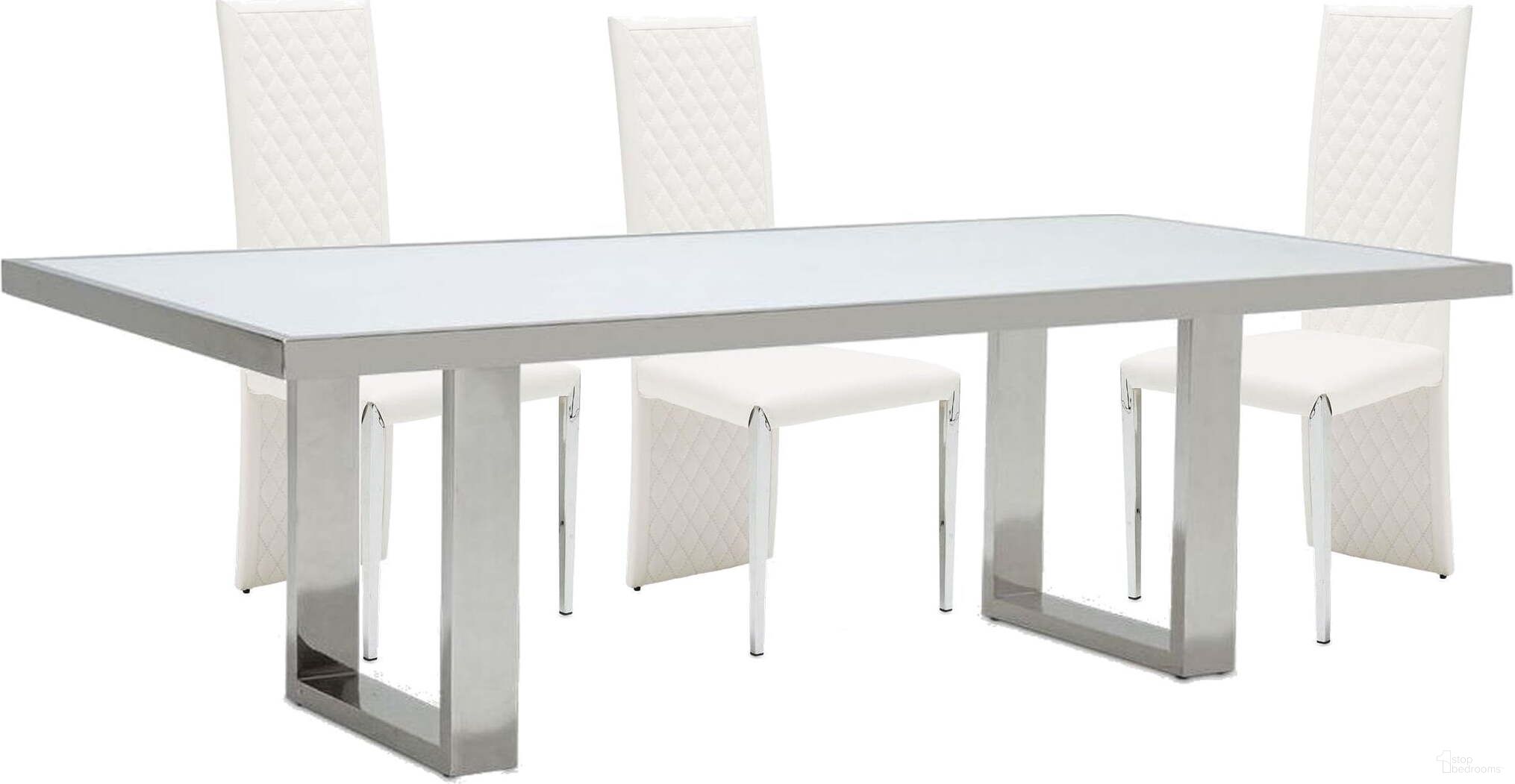 The appearance of State St. Glossy White Rectangular Glass Top Dining Room Set designed by Michael Amini in the modern / contemporary interior design. This white piece of furniture was selected by 1StopBedrooms from State St. Collection to add a touch of cosiness and style into your home. Sku: N9016000L-116;N9016000T-116;N9016003AS-116. Table Base Style: Double Pedestal. Table Top Shape: Rectangular. Material: Acrylic. Size: 44" x 95".