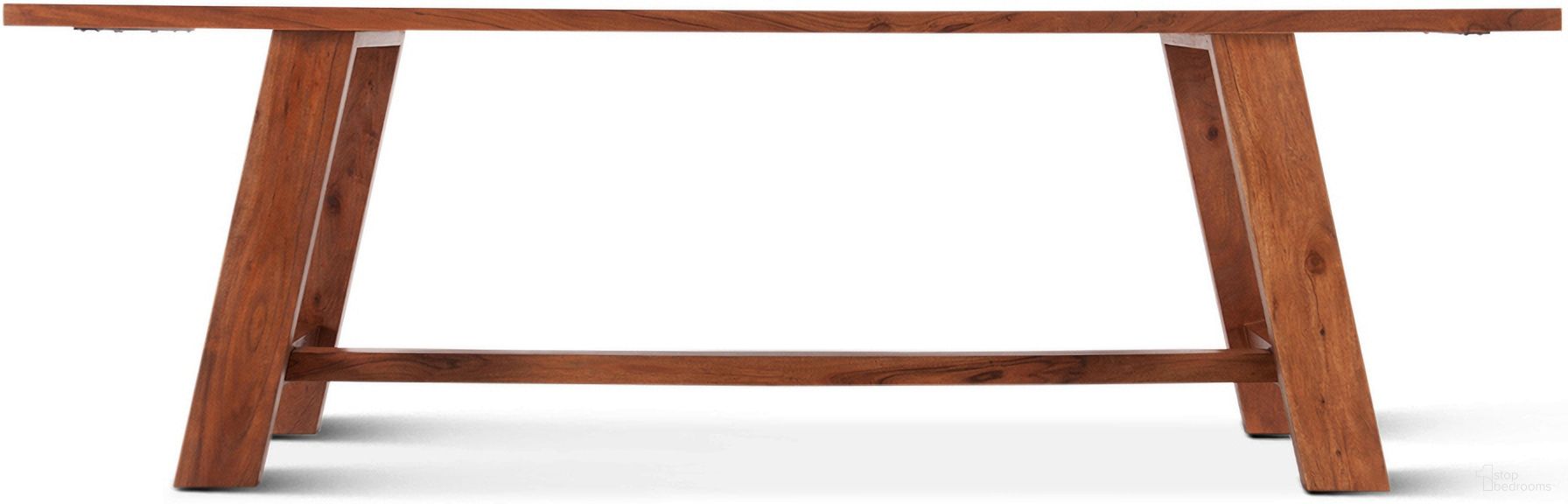 The appearance of Stavanger 94 Inch Dining Table In Cinnamon Brown designed by Home Trends and Design in the rustic / southwestern interior design. This brown piece of furniture  was selected by 1StopBedrooms from Stavanger Collection to add a touch of cosiness and style into your home. Sku: ZWSTVDT94CN. Table Base Style: Trestle. Table Top Shape: Rectangular. Size: 40" x 94". Material: Acacia Wood.