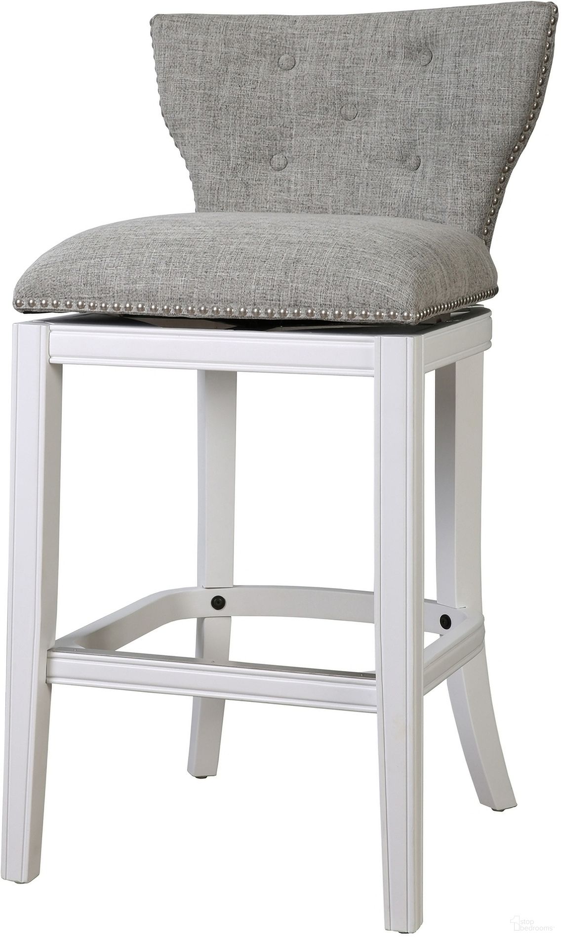 The appearance of Stella 31 Inch Upholstered Bar-Height Swivel Barstool with Back with Upholstery In White and Gray designed by New Ridge Home Goods in the transitional interior design. This white/gray piece of furniture was selected by 1StopBedrooms from Stella Collection to add a touch of cosiness and style into your home. Sku: NR105553-FBS-AW. Material: Polyester.