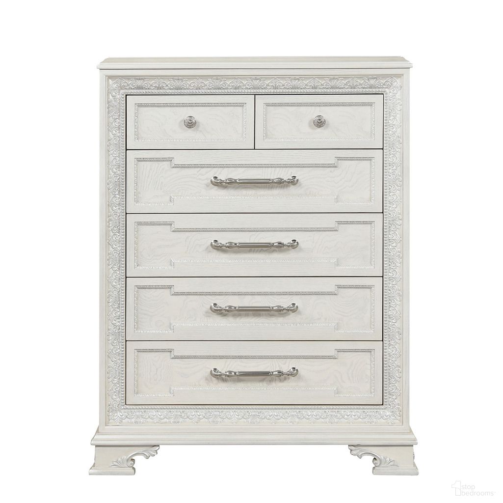 The appearance of Stella Mia Chest In Creamy White designed by Furniture of America in the traditional interior design. This creamy white piece of furniture was selected by 1StopBedrooms from Stella Mia Collection to add a touch of cosiness and style into your home. Sku: FM70000WH-C. Material: Pine Wood.