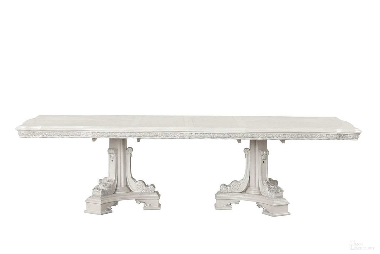 The appearance of Stella Mia Dining Table In Ivory designed by Furniture of America in the traditional interior design. This ivory piece of furniture was selected by 1StopBedrooms from Stella Mia Collection to add a touch of cosiness and style into your home. Sku: FM31000WH-T-1;FM31000WH-T-2. Table Base Style: Double Pedestal. Table Top Shape: Rectangular. Size: 44" x 114". Material: Solid Rubberwood.