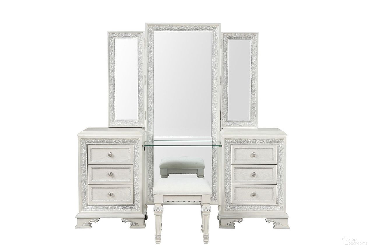 The appearance of Stella Mia Vanity with Stool In Creamy White designed by Furniture of America in the traditional interior design. This creamy white piece of furniture  was selected by 1StopBedrooms from Stella Mia Collection to add a touch of cosiness and style into your home. Sku: FM70000WH-V-1;FM70000WH-V-2;FM70000WH-V-3;FM70000WH-V-4. Material: Pine Wood.