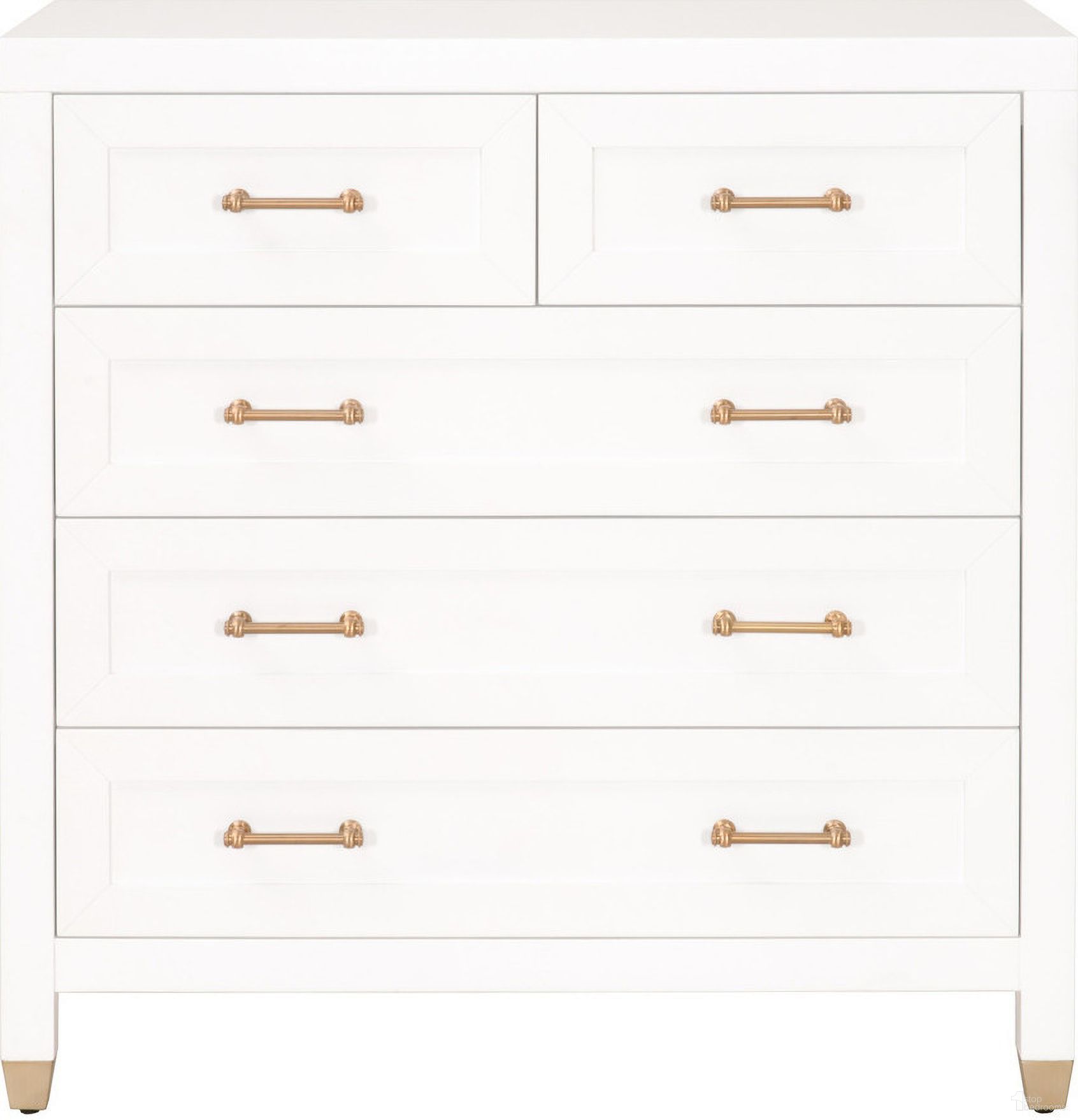 The appearance of Traditions Stella 5 Drawer High Chest In Matte White designed by Essentials For Living in the transitional interior design. This matte white piece of furniture was selected by 1StopBedrooms from Traditions Collection to add a touch of cosiness and style into your home. Sku: 6135.WHT/BBRS. Material: Solid Rubberwood.