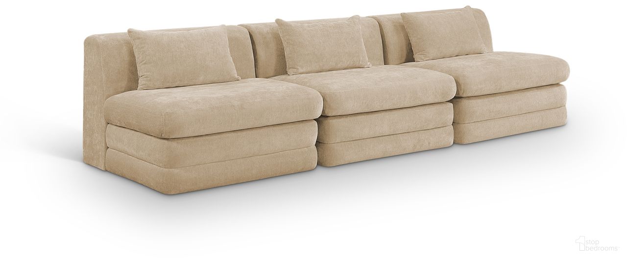 The appearance of Stellar 114 Inch Chenille Fabric Upholstered 3 Piece Modular Sofa In Beige designed by Meridian in the modern / contemporary interior design. This beige piece of furniture was selected by 1StopBedrooms from Stellar Collection to add a touch of cosiness and style into your home. Sku: 608Beige-Armless;608Beige-Armless;608Beige-Armless. Material: Chenille.