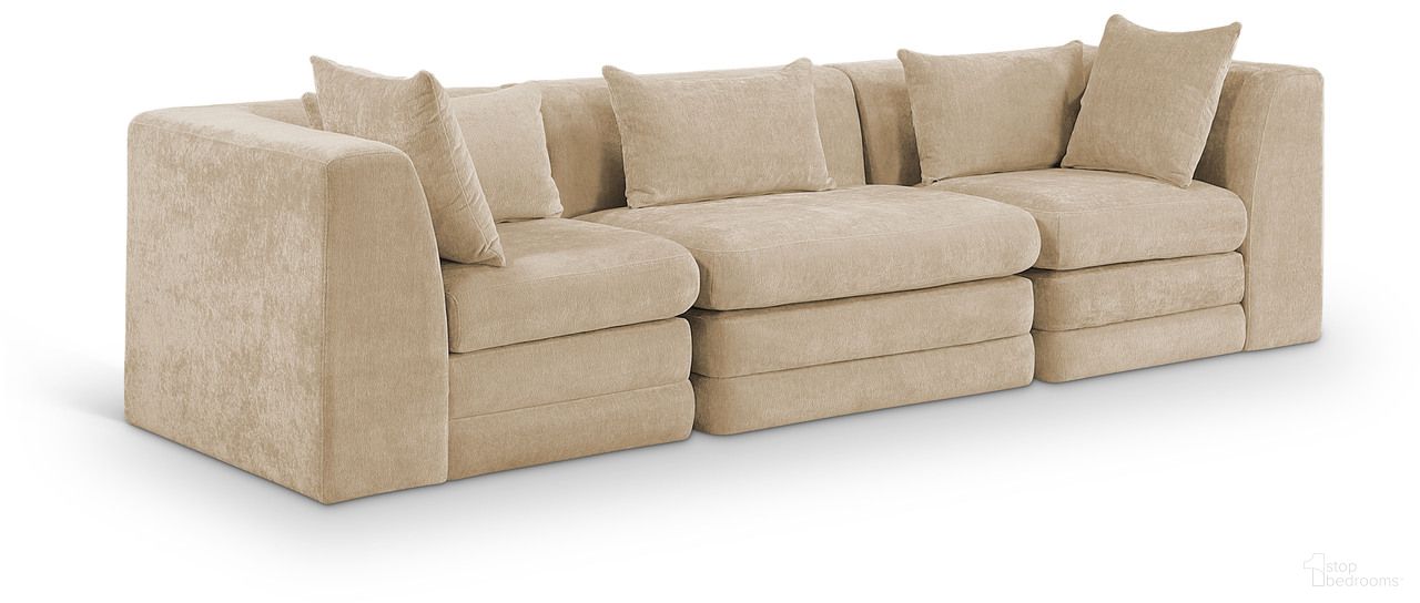 The appearance of Stellar 114 Inch Chenille Fabric Upholstered 3 Piece Modular Sofa In Beige designed by Meridian in the modern / contemporary interior design. This beige piece of furniture was selected by 1StopBedrooms from Stellar Collection to add a touch of cosiness and style into your home. Sku: 608Beige-Armless;608Beige-Corner;608Beige-Corner. Material: Chenille.