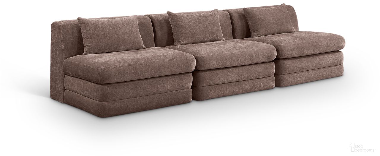 The appearance of Stellar 114 Inch Chenille Fabric Upholstered 3 Piece Modular Sofa In Brown designed by Meridian in the modern / contemporary interior design. This brown piece of furniture  was selected by 1StopBedrooms from Stellar Collection to add a touch of cosiness and style into your home. Sku: 608Brown-Armless;608Brown-Armless;608Brown-Armless. Material: Chenille.