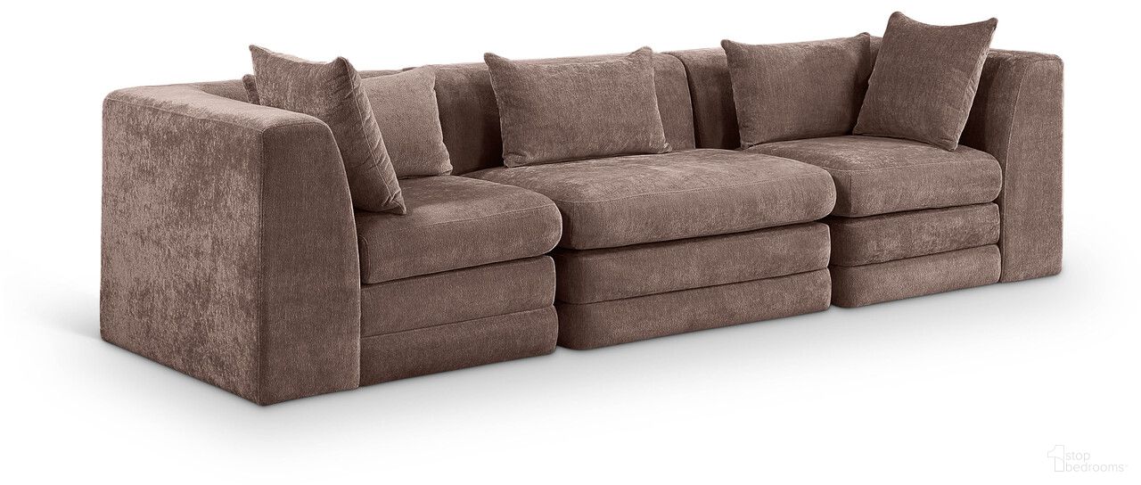 The appearance of Stellar 114 Inch Chenille Fabric Upholstered 3 Piece Modular Sofa In Brown designed by Meridian in the modern / contemporary interior design. This brown piece of furniture  was selected by 1StopBedrooms from Stellar Collection to add a touch of cosiness and style into your home. Sku: 608Brown-Armless;608Brown-Corner;608Brown-Corner. Material: Chenille.