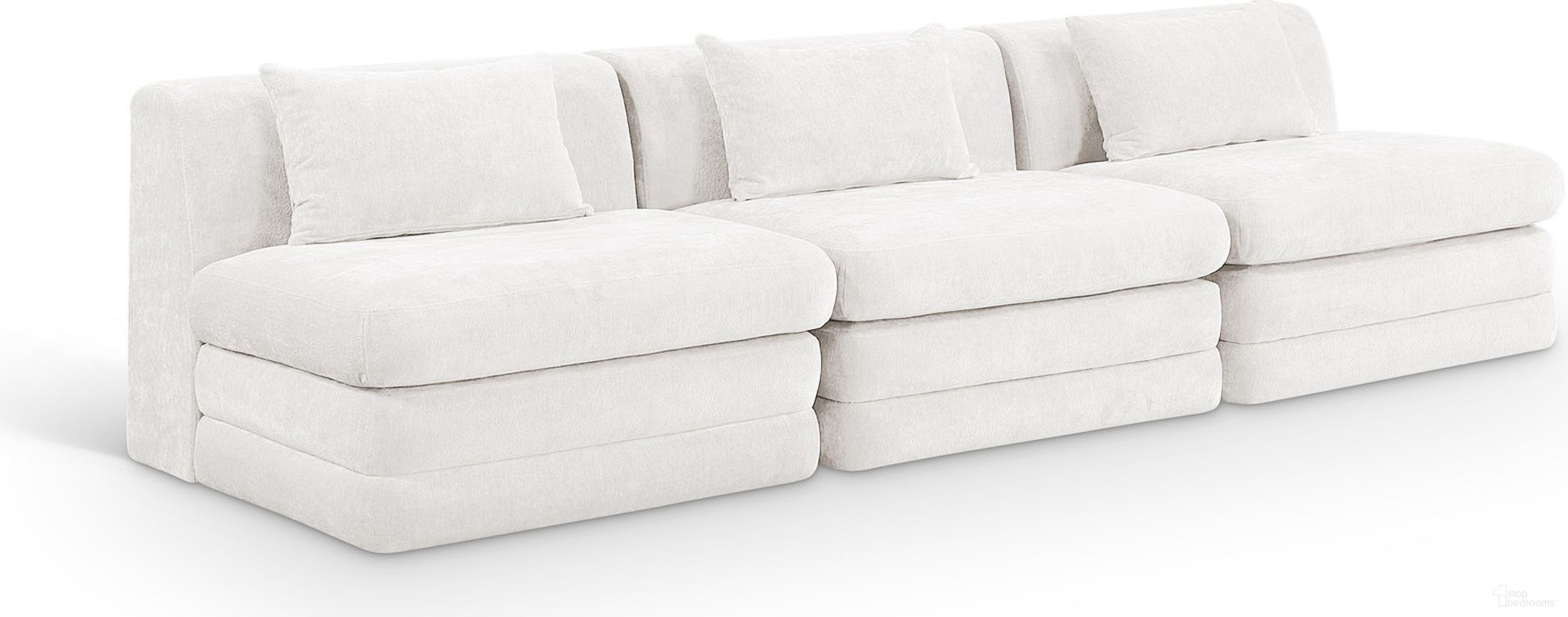 The appearance of Stellar 114 Inch Chenille Fabric Upholstered 3 Piece Modular Sofa In Cream designed by Meridian in the modern / contemporary interior design. This cream piece of furniture was selected by 1StopBedrooms from Stellar Collection to add a touch of cosiness and style into your home. Sku: 608Cream-Armless;608Cream-Armless;608Cream-Armless. Material: Chenille.