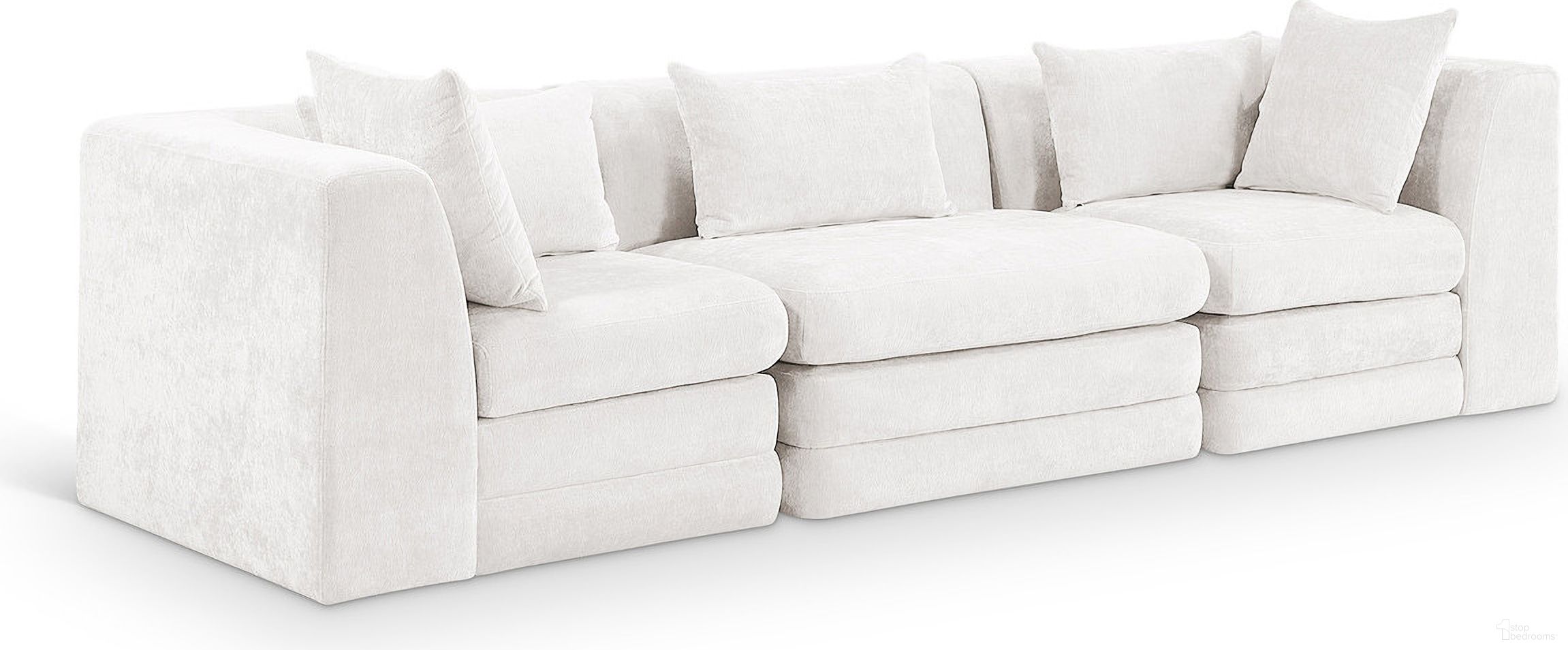 The appearance of Stellar 114 Inch Chenille Fabric Upholstered 3 Piece Modular Sofa In Cream designed by Meridian in the modern / contemporary interior design. This cream piece of furniture  was selected by 1StopBedrooms from Stellar Collection to add a touch of cosiness and style into your home. Sku: 608Cream-Armless;608Cream-Corner;608Cream-Corner. Material: Chenille.