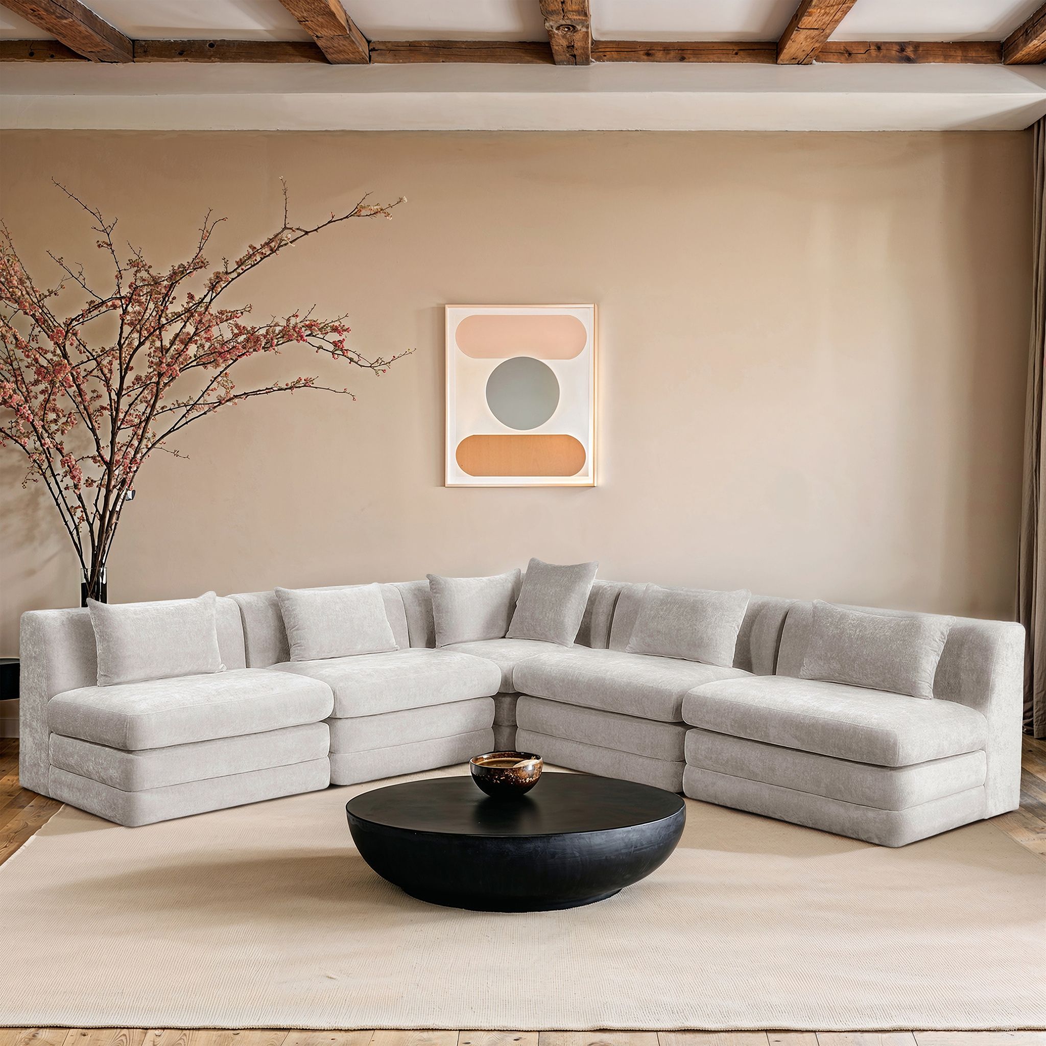 Stellar 114 Inch Chenille Fabric Upholstered 5 Piece Modular Sectional In Cream