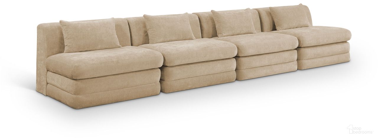 The appearance of Stellar 152 Inch Chenille Fabric Upholstered 4 Piece Modular Sofa In Beige designed by Meridian in the modern / contemporary interior design. This beige piece of furniture was selected by 1StopBedrooms from Stellar Collection to add a touch of cosiness and style into your home. Sku: 608Beige-Armless;608Beige-Armless;608Beige-Armless;608Beige-Armless. Material: Chenille.