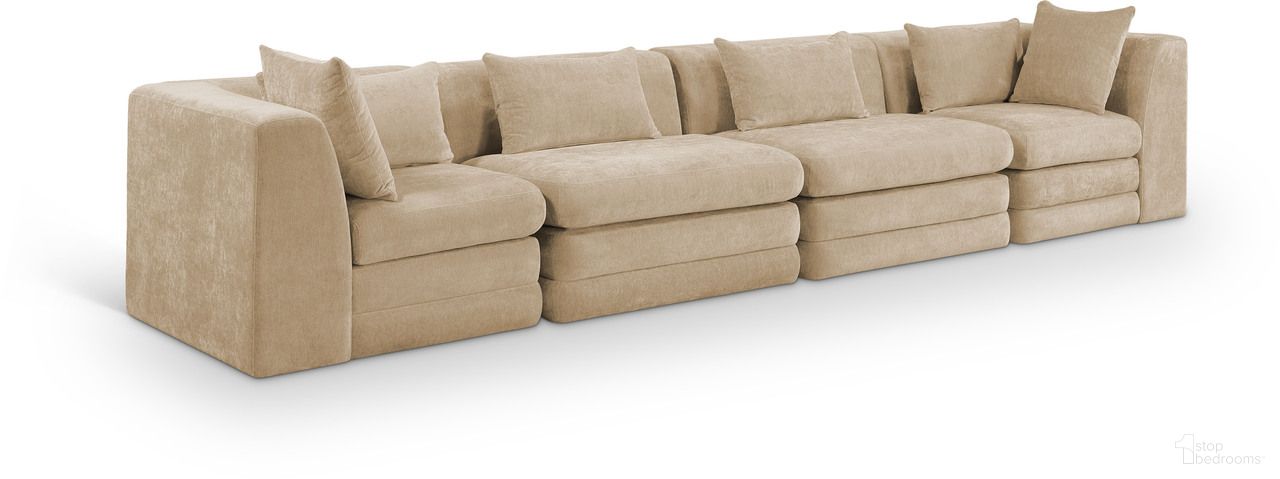 The appearance of Stellar 152 Inch Chenille Fabric Upholstered 4 Piece Modular Sofa In Beige designed by Meridian in the modern / contemporary interior design. This beige piece of furniture was selected by 1StopBedrooms from Stellar Collection to add a touch of cosiness and style into your home. Sku: 608Beige-Armless;608Beige-Armless;608Beige-Corner;608Beige-Corner. Material: Chenille.