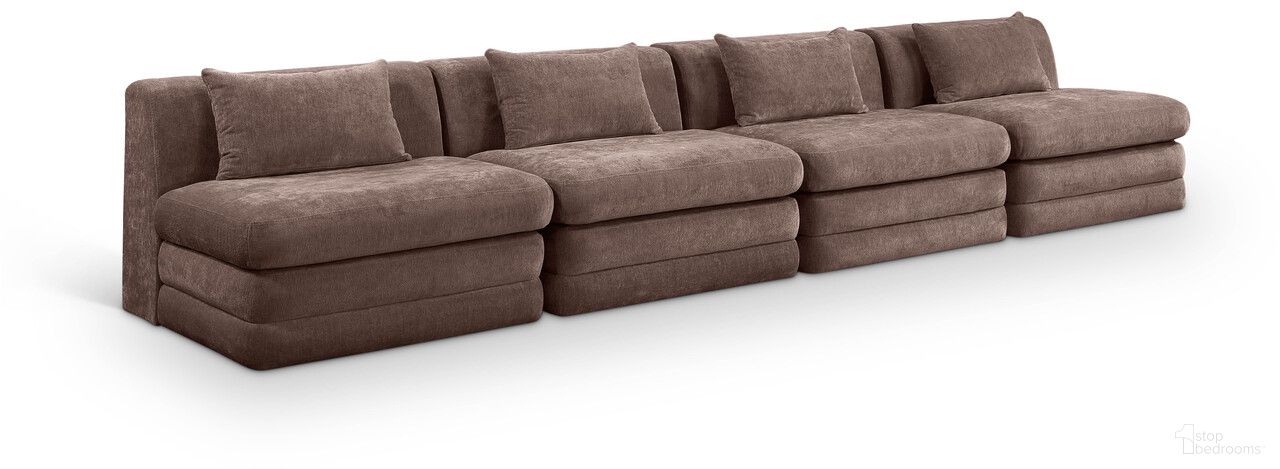 The appearance of Stellar 152 Inch Chenille Fabric Upholstered 4 Piece Modular Sofa In Brown designed by Meridian in the modern / contemporary interior design. This brown piece of furniture was selected by 1StopBedrooms from Stellar Collection to add a touch of cosiness and style into your home. Sku: 608Brown-Armless;608Brown-Armless;608Brown-Armless;608Brown-Armless. Material: Chenille.