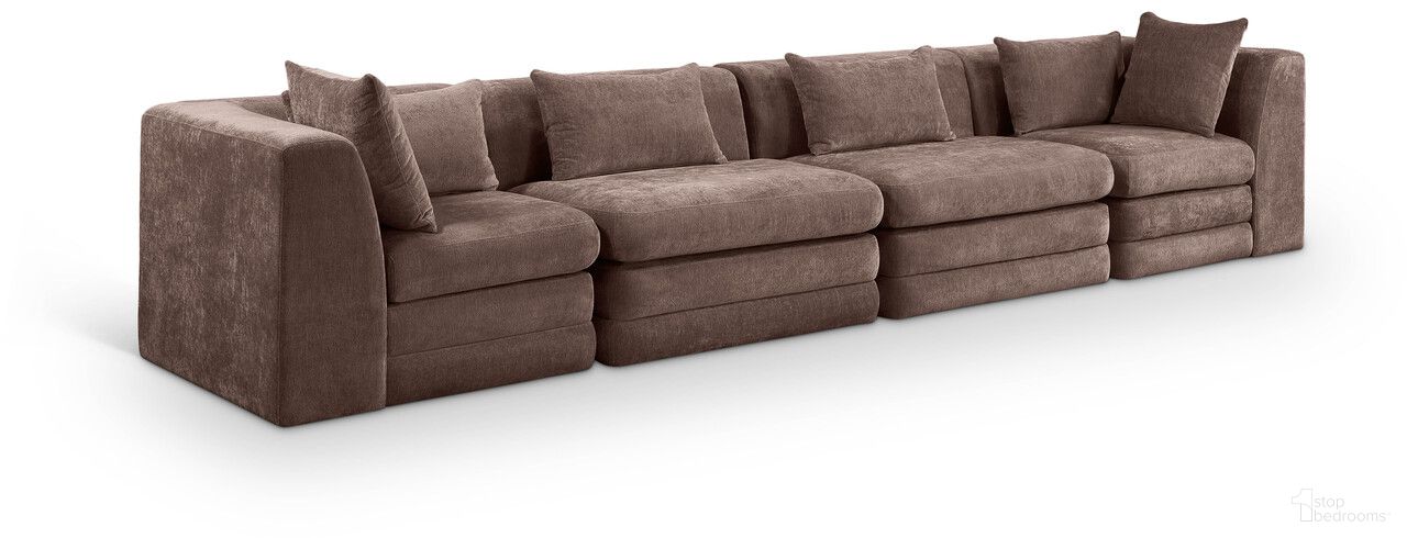 The appearance of Stellar 152 Inch Chenille Fabric Upholstered 4 Piece Modular Sofa In Brown designed by Meridian in the modern / contemporary interior design. This brown piece of furniture was selected by 1StopBedrooms from Stellar Collection to add a touch of cosiness and style into your home. Sku: 608Brown-Armless;608Brown-Armless;608Brown-Corner;608Brown-Corner. Material: Chenille.