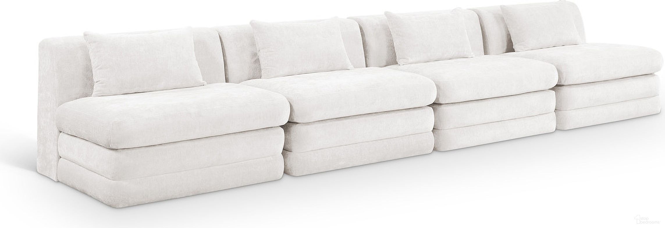 The appearance of Stellar 152 Inch Chenille Fabric Upholstered 4 Piece Modular Sofa In Cream designed by Meridian in the modern / contemporary interior design. This cream piece of furniture was selected by 1StopBedrooms from Stellar Collection to add a touch of cosiness and style into your home. Sku: 608Cream-Armless;608Cream-Armless;608Cream-Armless;608Cream-Armless. Material: Chenille.