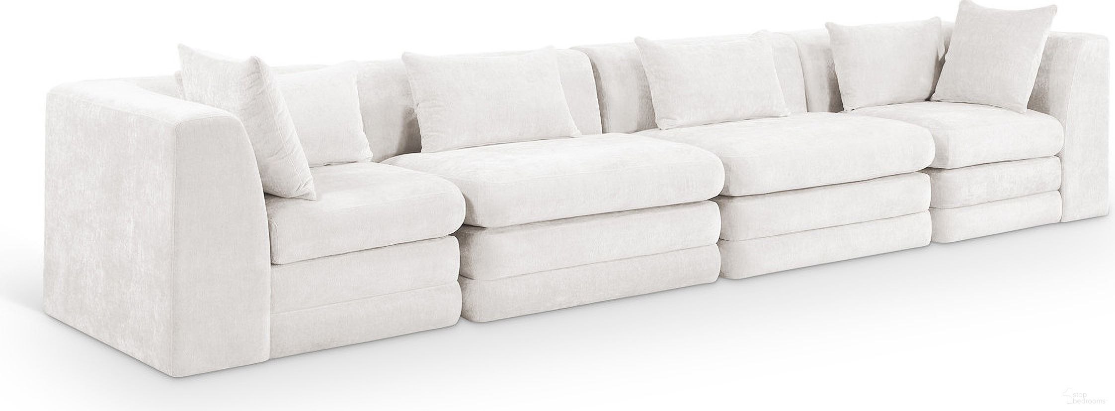 The appearance of Stellar 152 Inch Chenille Fabric Upholstered 4 Piece Modular Sofa In Cream designed by Meridian in the modern / contemporary interior design. This cream piece of furniture was selected by 1StopBedrooms from Stellar Collection to add a touch of cosiness and style into your home. Sku: 608Cream-Armless;608Cream-Armless;608Cream-Corner;608Cream-Corner. Material: Chenille.