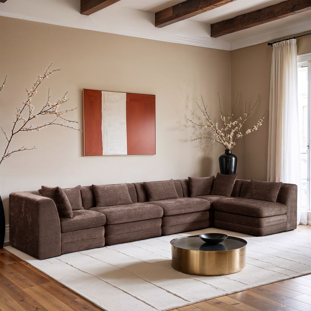 Stellar 152 Inch Chenille Fabric Upholstered 5 Piece Modular Sectional In Brown