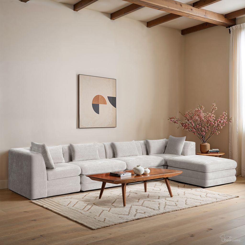 Stellar 152 Inch Chenille Fabric Upholstered 5 Piece Modular Sectional In Cream