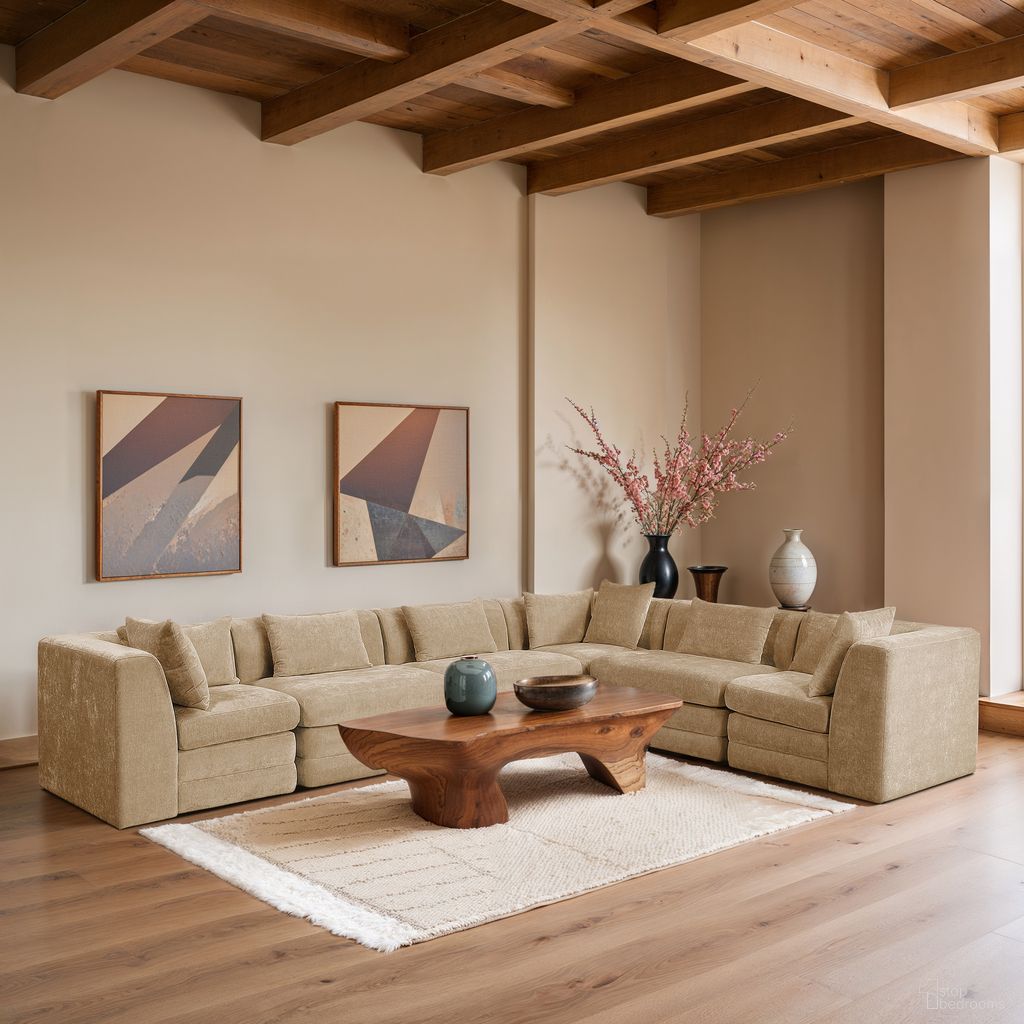 The appearance of Stellar 152 Inch Chenille Fabric Upholstered 6 Piece Modular Sectional In Beige designed by Meridian in the modern / contemporary interior design. This beige piece of furniture was selected by 1StopBedrooms from Stellar Collection to add a touch of cosiness and style into your home. Sku: 608Beige-Armless;608Beige-Armless;608Beige-Armless;608Beige-Corner;608Beige-Corner;608Beige-Corner. Material: Chenille.
