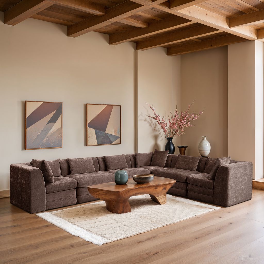 Stellar 152 Inch Chenille Fabric Upholstered 6 Piece Modular Sectional In Brown