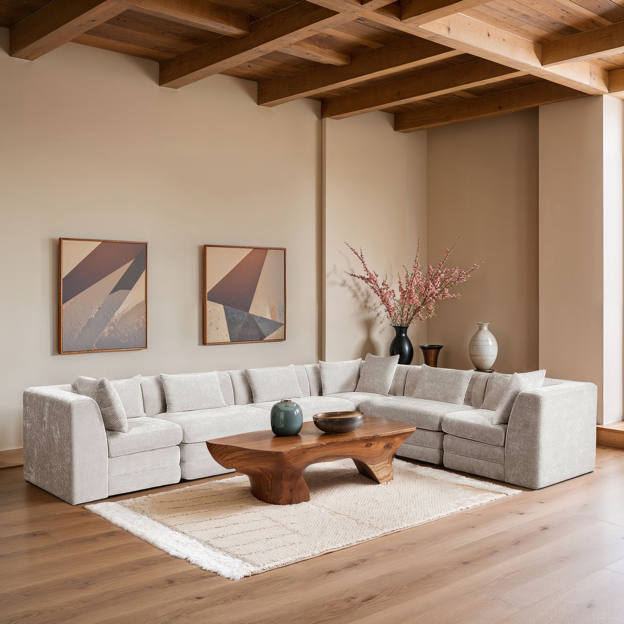 Stellar 152 Inch Chenille Fabric Upholstered 6 Piece Modular Sectional In Cream