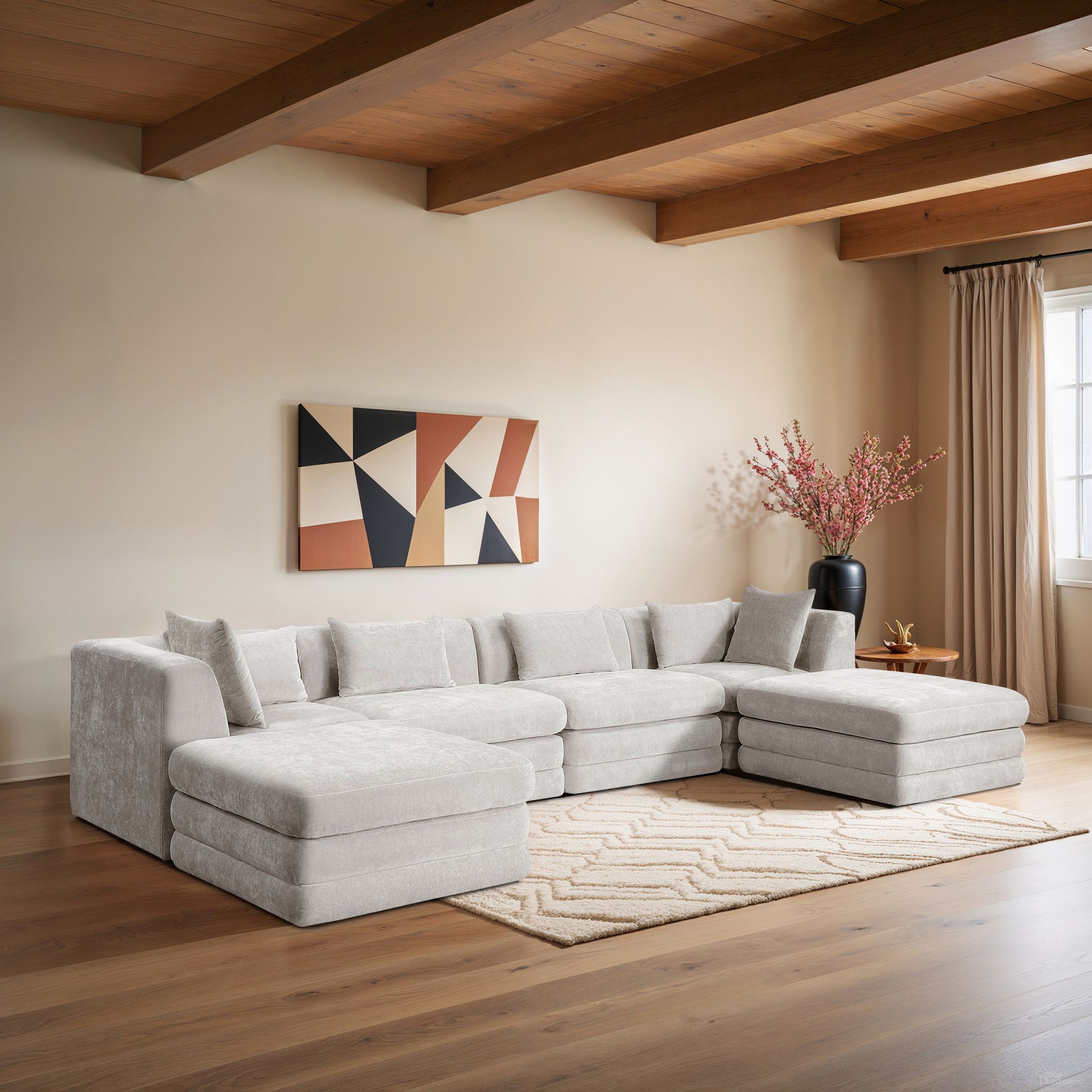 Stellar 152 Inch Chenille Fabric Upholstered 6 Piece Modular Sectional In Cream