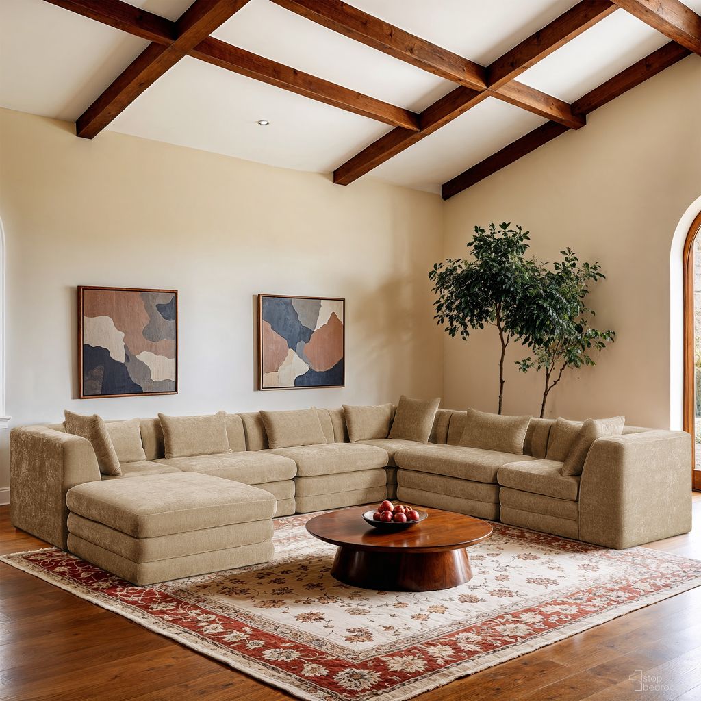 The appearance of Stellar 152 Inch Chenille Fabric Upholstered 7 Piece Modular Sectional In Beige designed by Meridian in the modern / contemporary interior design. This beige piece of furniture was selected by 1StopBedrooms from Stellar Collection to add a touch of cosiness and style into your home. Sku: 608Beige-Armless;608Beige-Armless;608Beige-Armless;608Beige-Corner;608Beige-Corner;608Beige-Corner;608Beige-Ott. Material: Chenille.