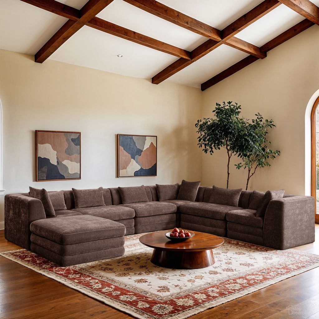 Stellar 152 Inch Chenille Fabric Upholstered 7 Piece Modular Sectional In Brown