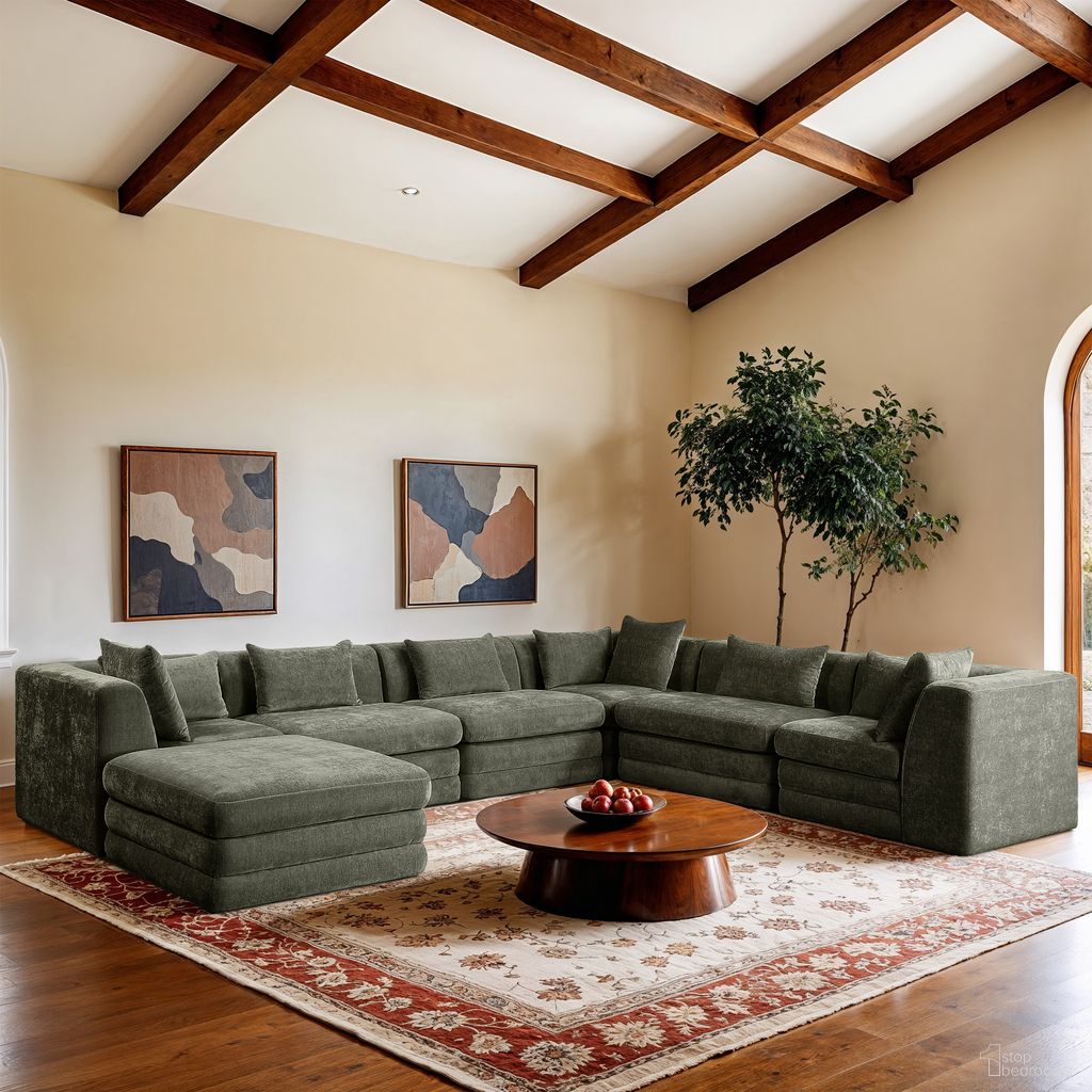 The appearance of Stellar 152 Inch Chenille Fabric Upholstered 7 Piece Modular Sectional In Green designed by Meridian in the modern / contemporary interior design. This green piece of furniture was selected by 1StopBedrooms from Stellar Collection to add a touch of cosiness and style into your home. Sku: 608Green-Armless;608Green-Armless;608Green-Armless;608Green-Corner;608Green-Corner;608Green-Corner;608Green-Ott. Material: Chenille.