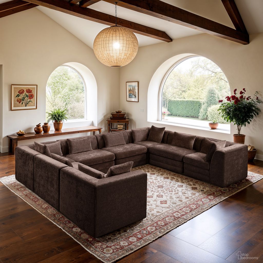 Stellar 152 Inch Chenille Fabric Upholstered 8 Piece Modular Sectional In Brown