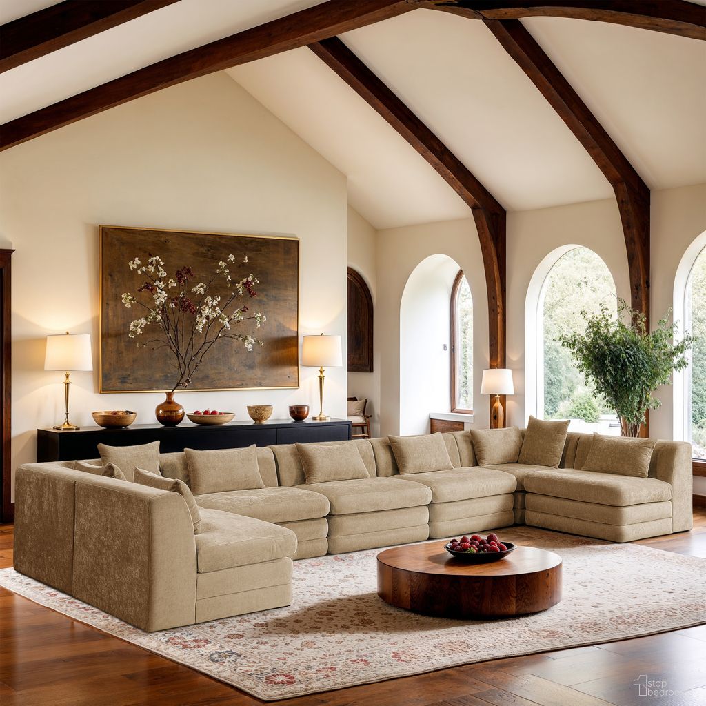 The appearance of Stellar 190 Inch Chenille Fabric Upholstered 7 Piece Modular Sectional In Beige designed by Meridian in the modern / contemporary interior design. This beige piece of furniture was selected by 1StopBedrooms from Stellar Collection to add a touch of cosiness and style into your home. Sku: 608Beige-Armless;608Beige-Armless;608Beige-Armless;608Beige-Armless;608Beige-Armless;608Beige-Corner;608Beige-Corner. Material: Chenille.
