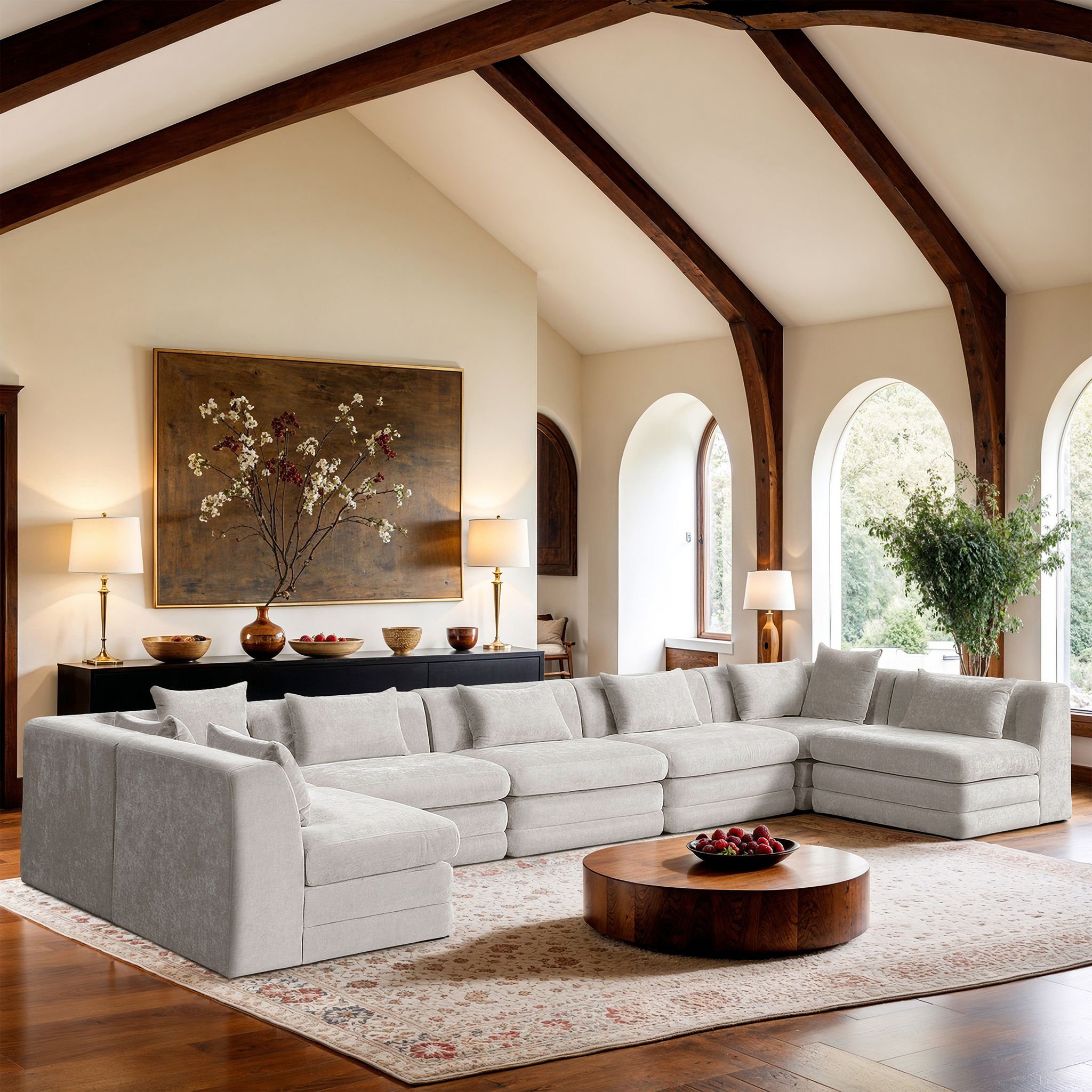 Stellar 190 Inch Chenille Fabric Upholstered 7 Piece Modular Sectional In Cream
