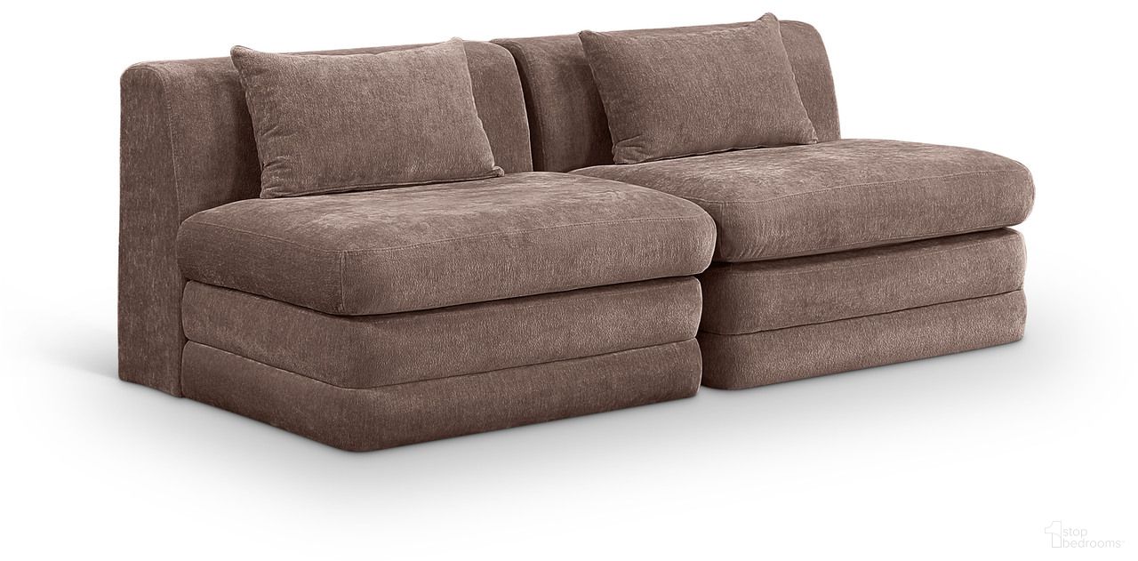 The appearance of Stellar 76 Inch Chenille Fabric Upholstered 2 Piece Modular Loveseat In Brown designed by Meridian in the modern / contemporary interior design. This brown piece of furniture  was selected by 1StopBedrooms from Stellar Collection to add a touch of cosiness and style into your home. Sku: 608Brown-Armless;608Brown-Armless. Material: Chenille.