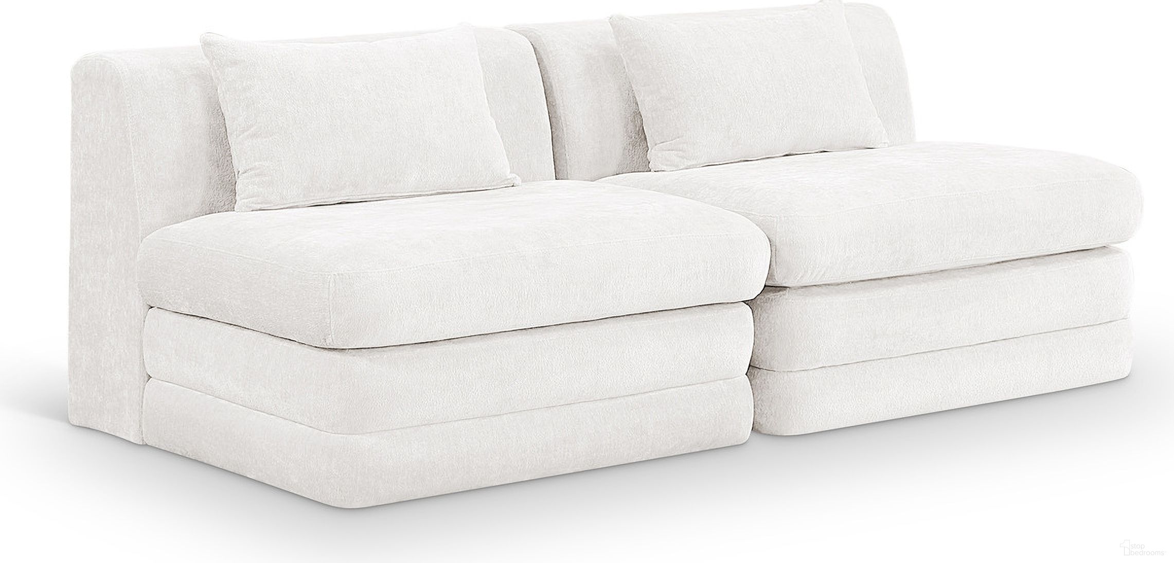 The appearance of Stellar 76 Inch Chenille Fabric Upholstered 2 Piece Modular Loveseat In Cream designed by Meridian in the modern / contemporary interior design. This cream piece of furniture was selected by 1StopBedrooms from Stellar Collection to add a touch of cosiness and style into your home. Sku: 608Cream-Armless;608Cream-Armless. Material: Chenille.