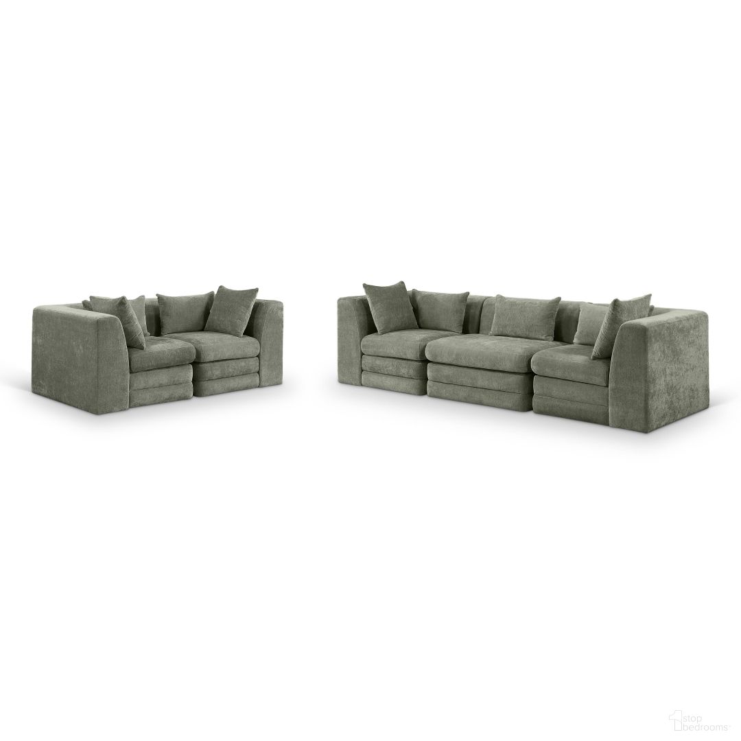 The appearance of Stellar Chenille Fabric Upholstered Modular Living Room Set In Green designed by Meridian in the modern / contemporary interior design. This green piece of furniture  was selected by 1StopBedrooms from Stellar Collection to add a touch of cosiness and style into your home. Sku: 608Green-Armless;608Green-Corner;608Green-Corner;608Green-Corner;608Green-Corner. Material: Chenille.