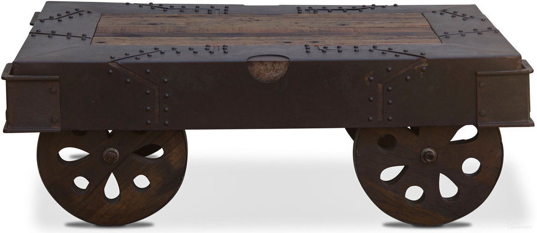 Sterling 48 Inch Wheeled Coffee Table with Neem Wood and Reclaimed Iron In Orange
