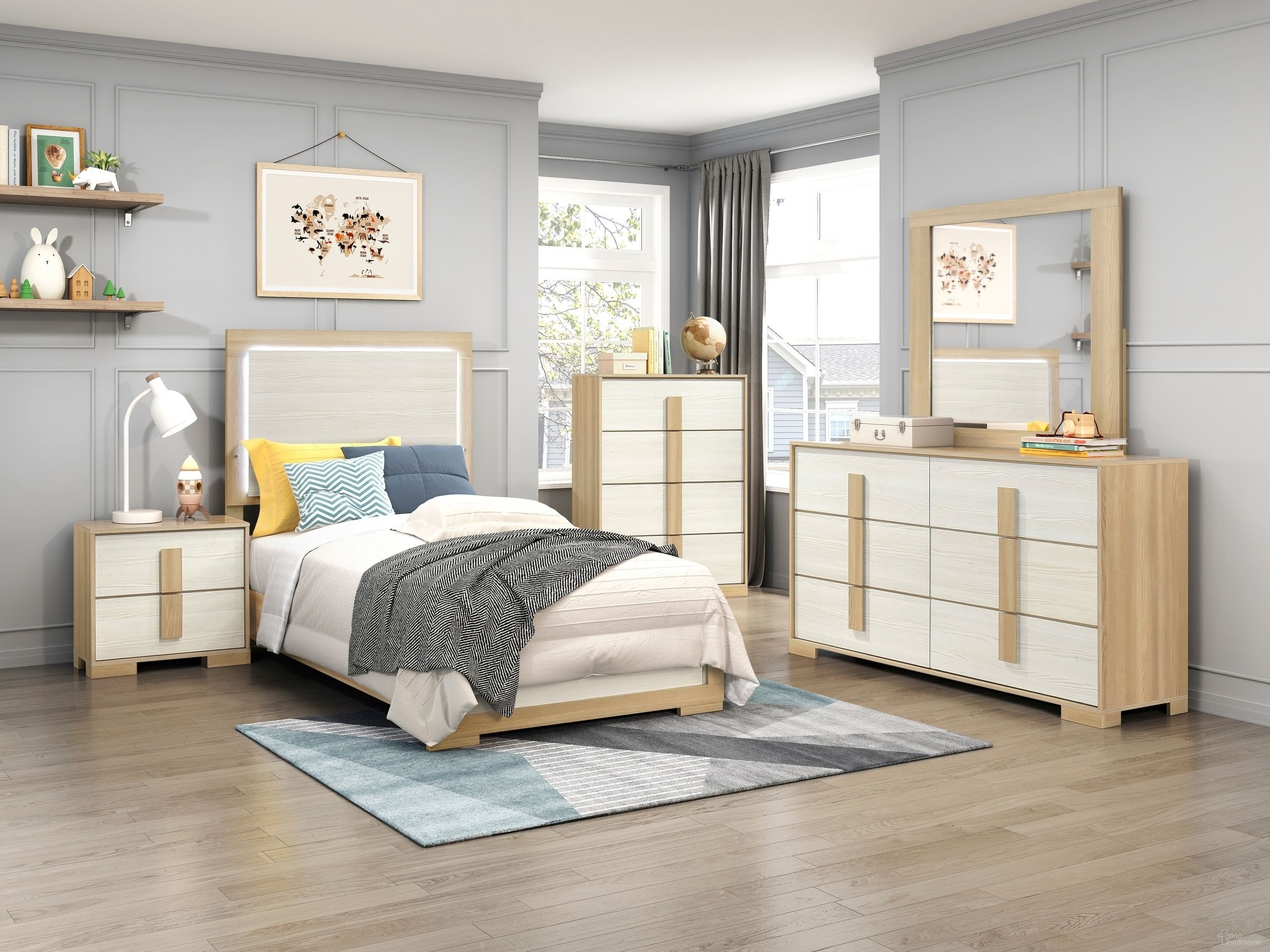 The appearance of Sterling Youth Panel Bedroom Set In Natural designed by Homelegance in the modern / contemporary interior design. This natural piece of furniture was selected by 1StopBedrooms from Sterling Collection to add a touch of cosiness and style into your home. Sku: 2330T-1;2330F-3;2330-4. Bed Size: Full. Material: Engineered Wood.