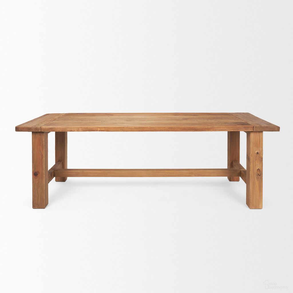 The appearance of Stetson 94.5 Inch Rectangular Wood Dining Table In Brown designed by Mercana in the modern / contemporary interior design. This brown piece of furniture  was selected by 1StopBedrooms from Stetson Collection to add a touch of cosiness and style into your home. Sku: 70885. Table Base Style: Trestle. Table Top Shape: Rectangular. Size: 95" x 39". Material: Solid Wood.