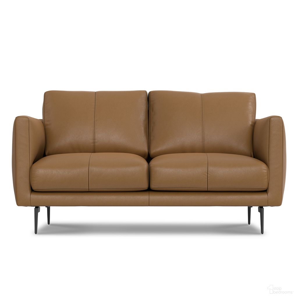 The appearance of Stevens Genuine Leather Solid Wood 60 Inch Loveseat In Butternut Brown designed by Simpli Home in the transitional interior design. This butternut brown piece of furniture  was selected by 1StopBedrooms from Stevens Collection to add a touch of cosiness and style into your home. Sku: AXCLVSSTE-BBR. Material: Genuine Leather.