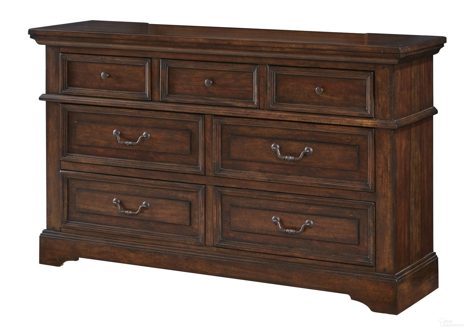 The appearance of Stonebrook Tobacco Dresser designed by American Woodcrafters in the traditional interior design. This brown piece of furniture  was selected by 1StopBedrooms from Stonebrook Collection to add a touch of cosiness and style into your home. Sku: 7800-270. Material: Wood.
