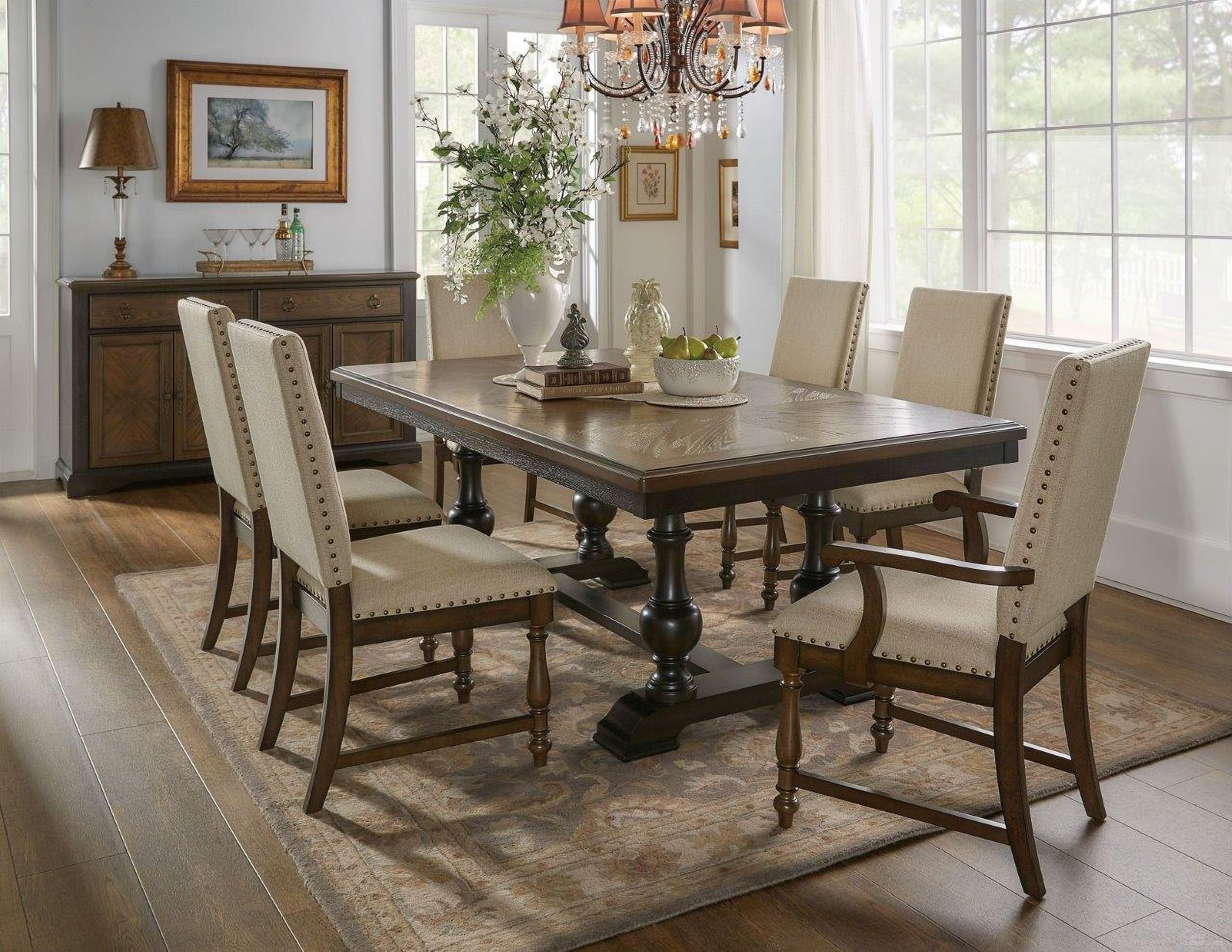 The appearance of Stonington Brown And Charcoal Brown Extendable Dining Room Set designed by Homelegance in the transitional interior design. This brown and gray piece of furniture was selected by 1StopBedrooms from Stonington Collection to add a touch of cosiness and style into your home. Sku: 5703-104;5703-104B;5703S. Table Base Style: Trestle. Material: Wood. Table Top Shape: Rectangular.