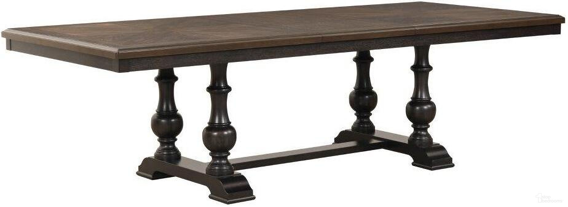 The appearance of Stonington Brown And Charcoal Brown Extendable Dining Table designed by Homelegance in the transitional interior design. This brown and gray piece of furniture was selected by 1StopBedrooms from Stonington Collection to add a touch of cosiness and style into your home. Sku: 5703-104;5703-104B. Table Base Style: Trestle. Material: Wood. Table Top Shape: Rectangular. Size: 104" x 44".