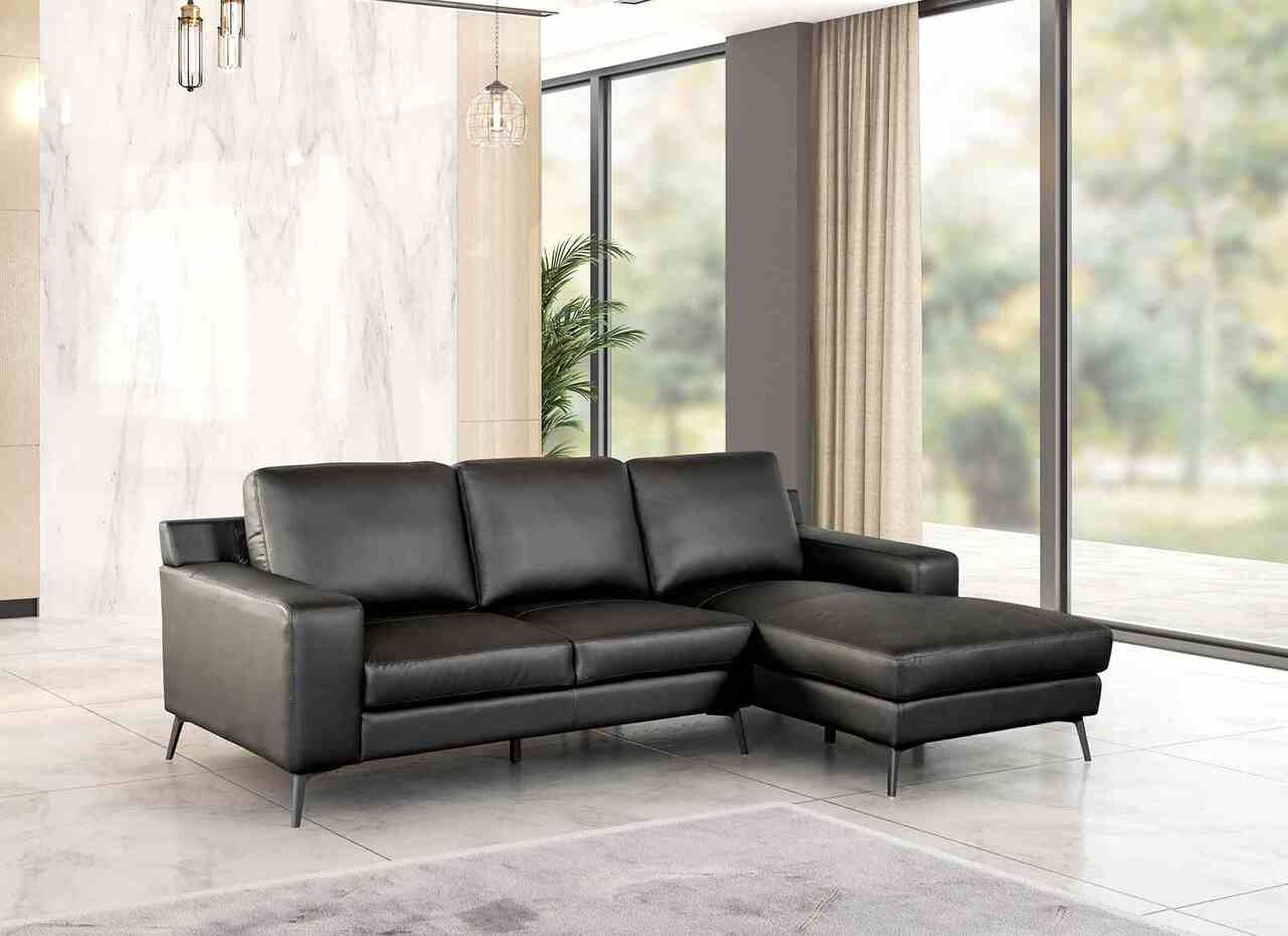The appearance of Stordal Right Chaise Sectional In Black designed by Furniture of America in the modern / contemporary interior design. This black piece of furniture  was selected by 1StopBedrooms from Stordal Collection to add a touch of cosiness and style into your home. Sku: FM69004BK-LLV;FM69004BK-RCE. Material: Leather.