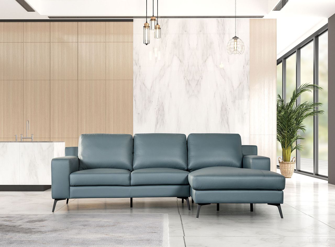 The appearance of Stordal Right Chaise Sectional In Blue designed by Furniture of America in the modern / contemporary interior design. This blue piece of furniture was selected by 1StopBedrooms from Stordal Collection to add a touch of cosiness and style into your home. Sku: FM69004BL-LLV;FM69004BL-RCE. Material: Leather.